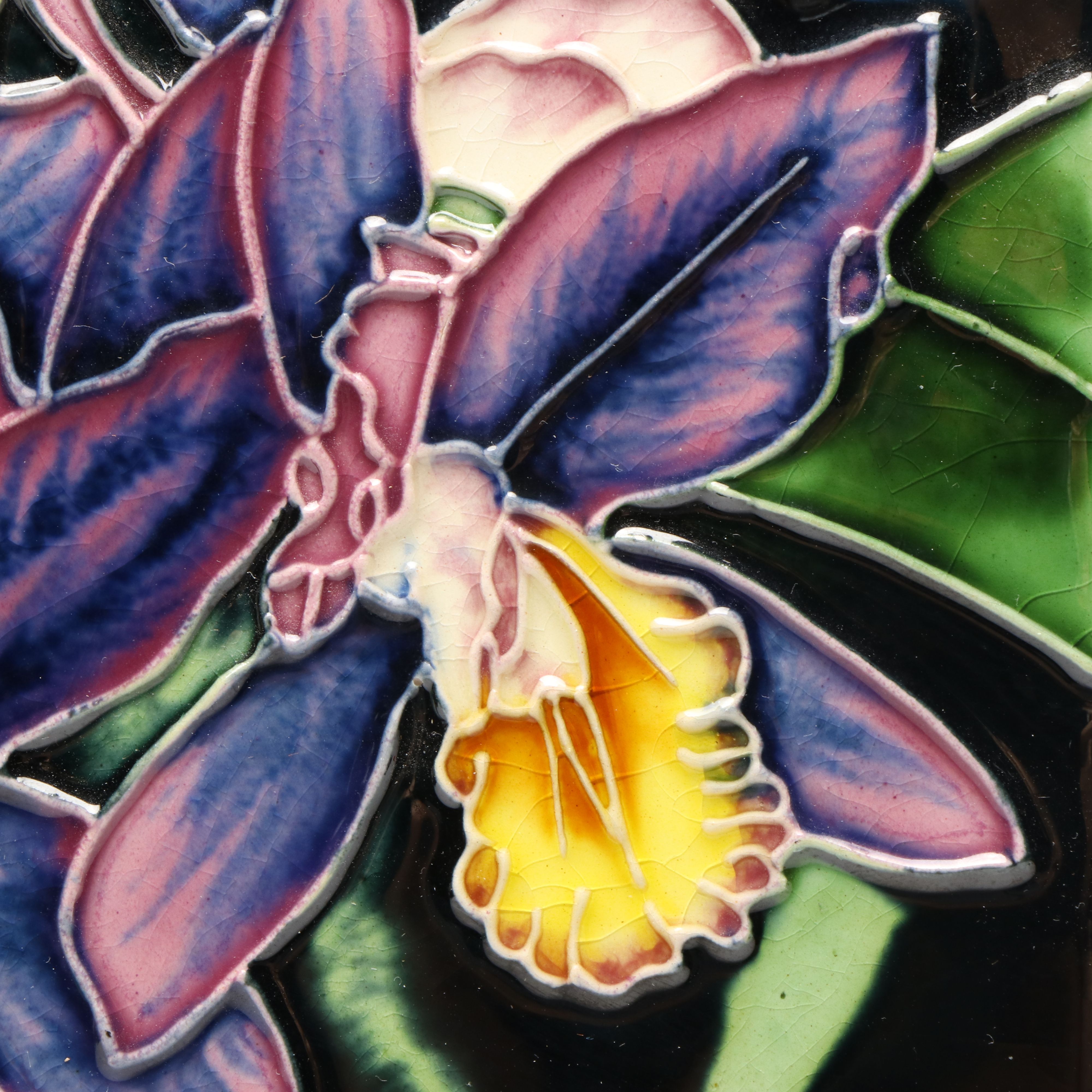 Vibrant Finished Orchid Motif Decorative Ceramic Tile, Early 21st Century