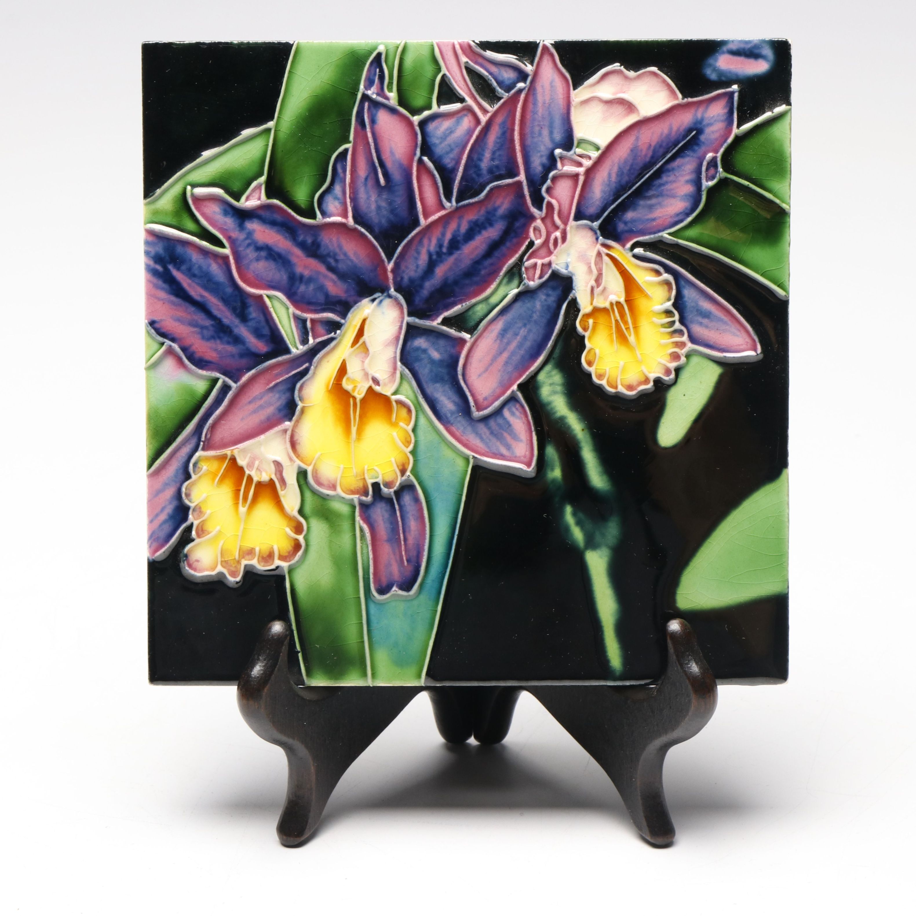 Vibrant Finished Orchid Motif Decorative Ceramic Tile, Early 21st Century