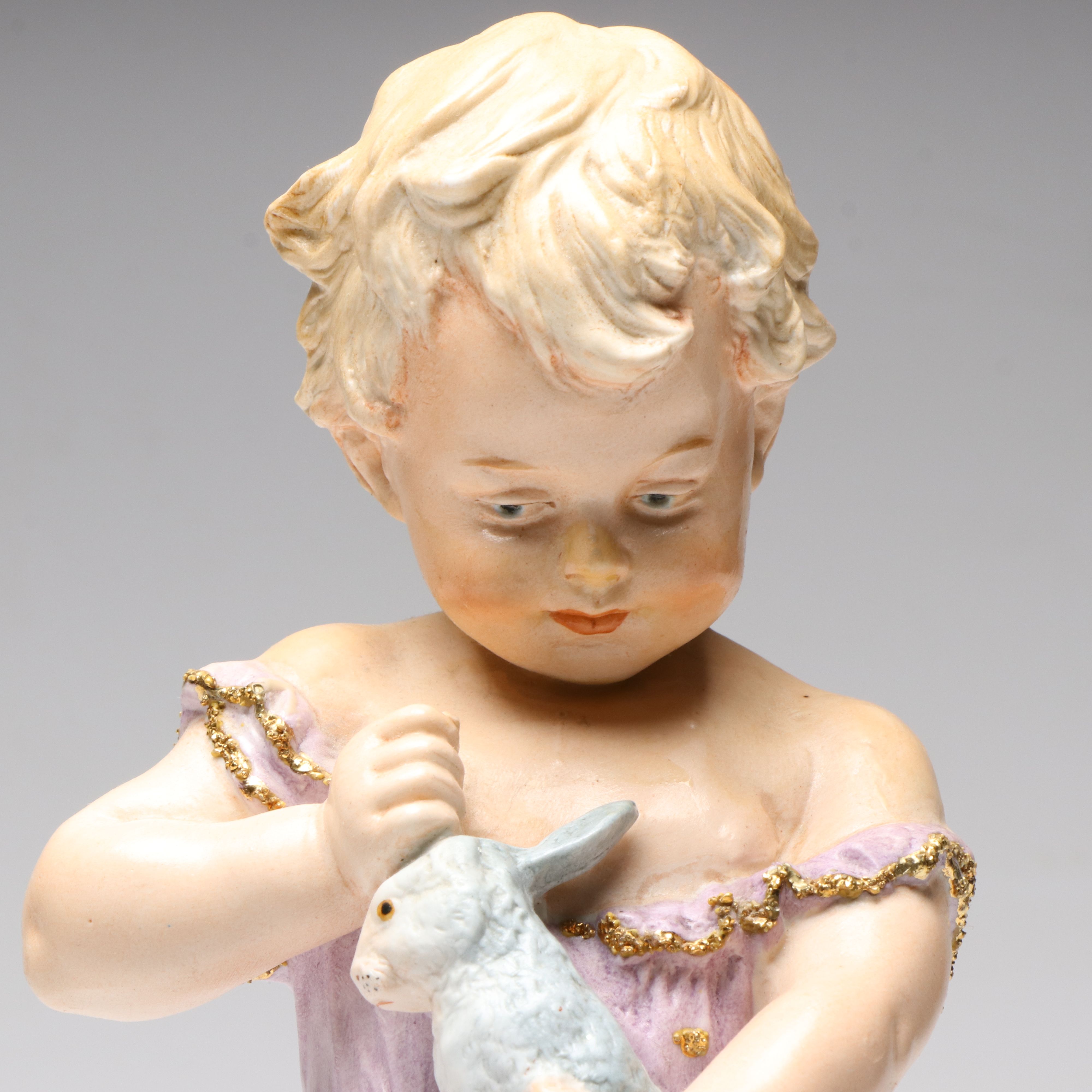 Victorian Style Girl with Rabbit Bisque Figurine, 20th Century