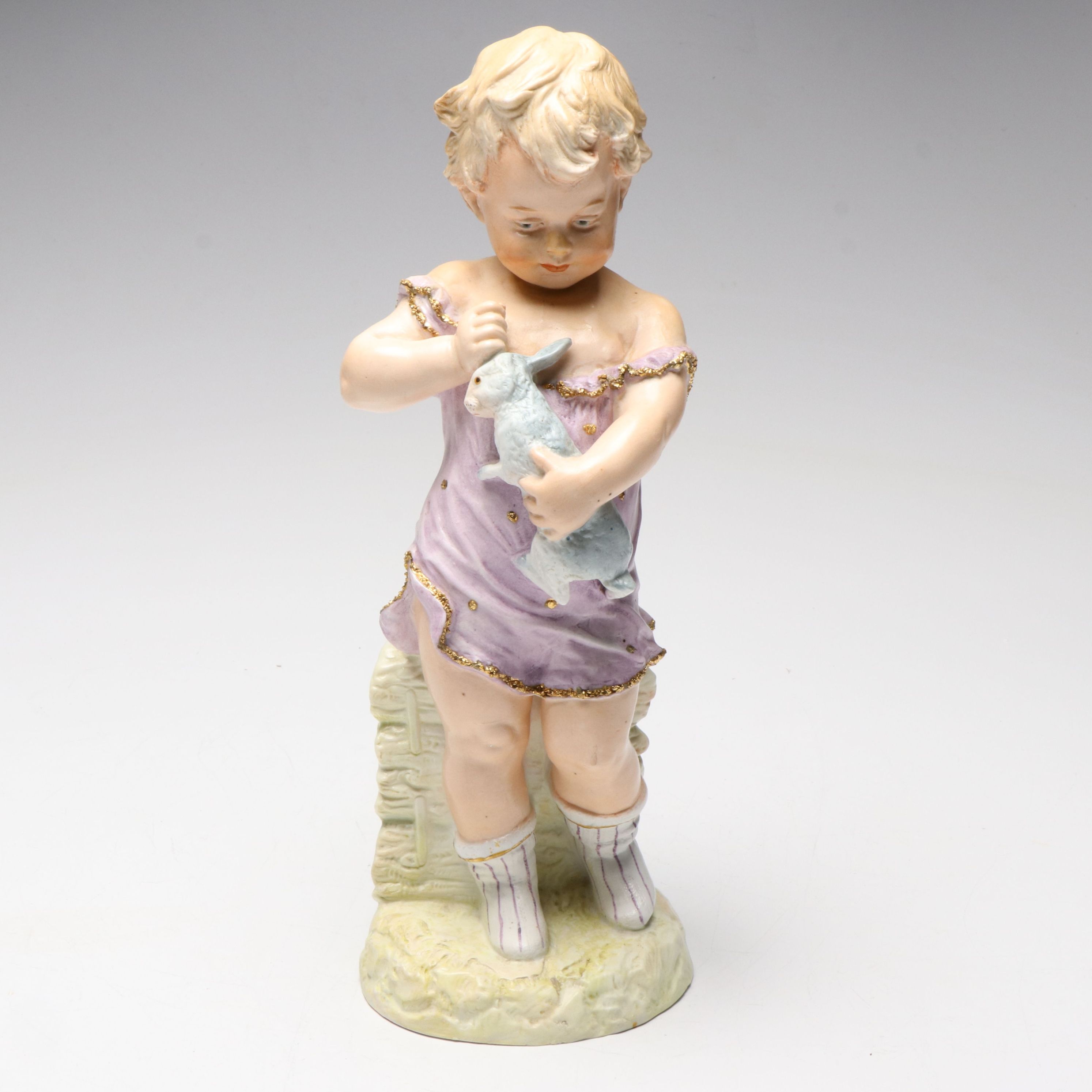 Victorian Style Girl with Rabbit Bisque Figurine, 20th Century