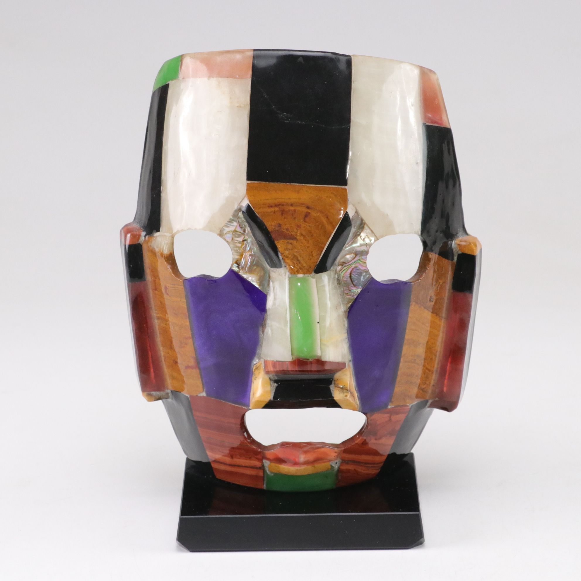 Aztec Style Colored Stone and Abalone Death Mask on Base