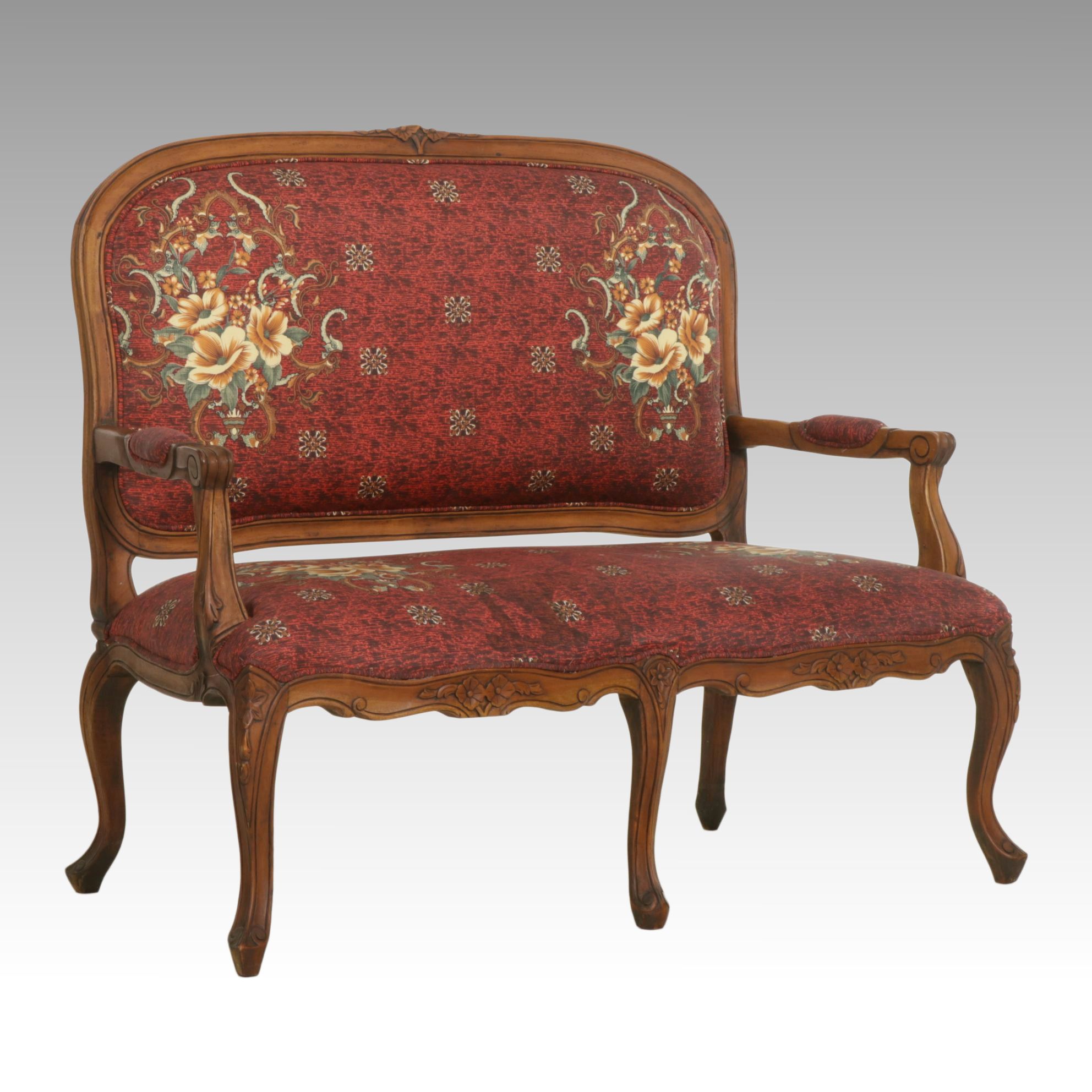 French Louis XV Style Carved Oak Wood Settee with Floral Red Upholstery