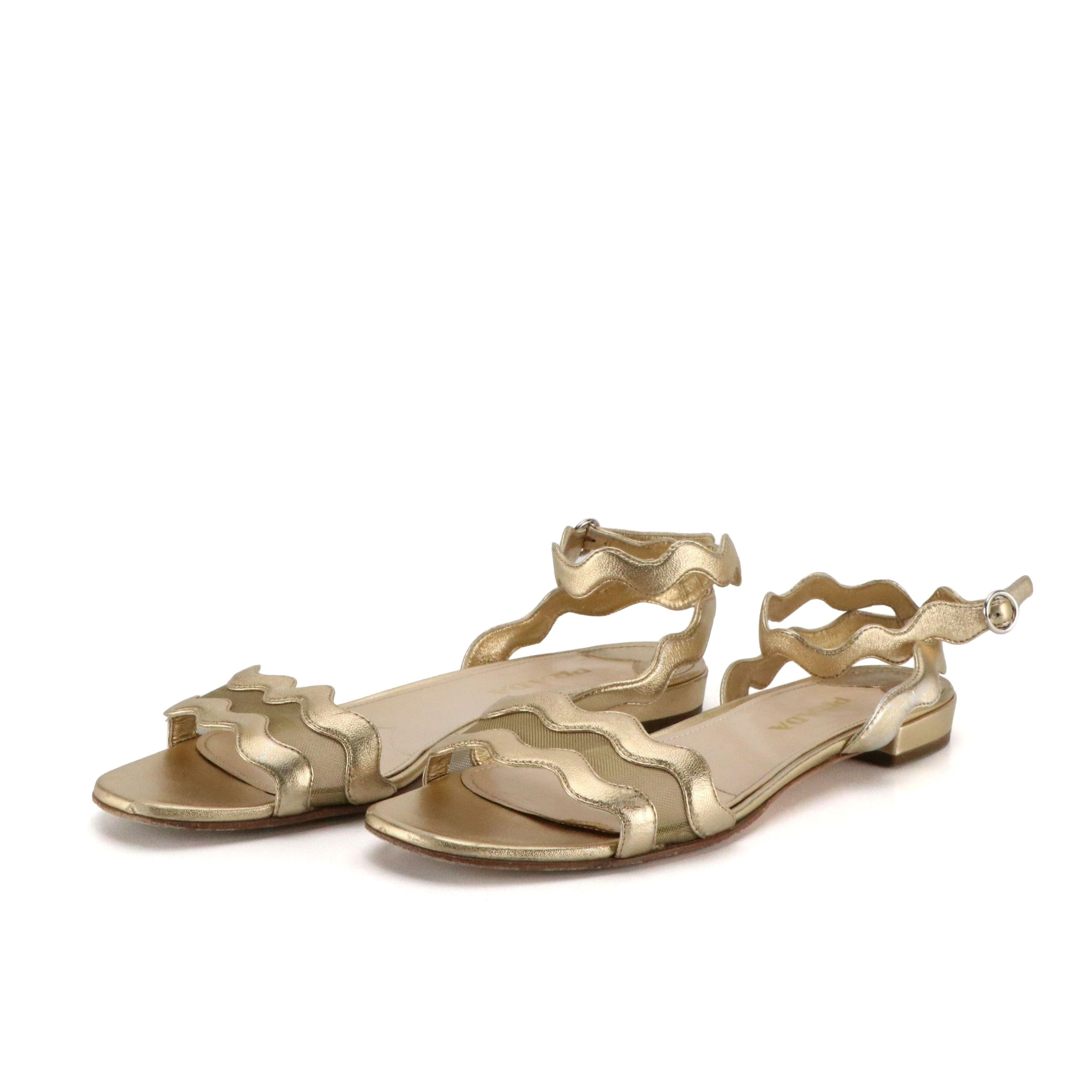 Prada Metallic Gold Leather Wavy Strap Sandals
