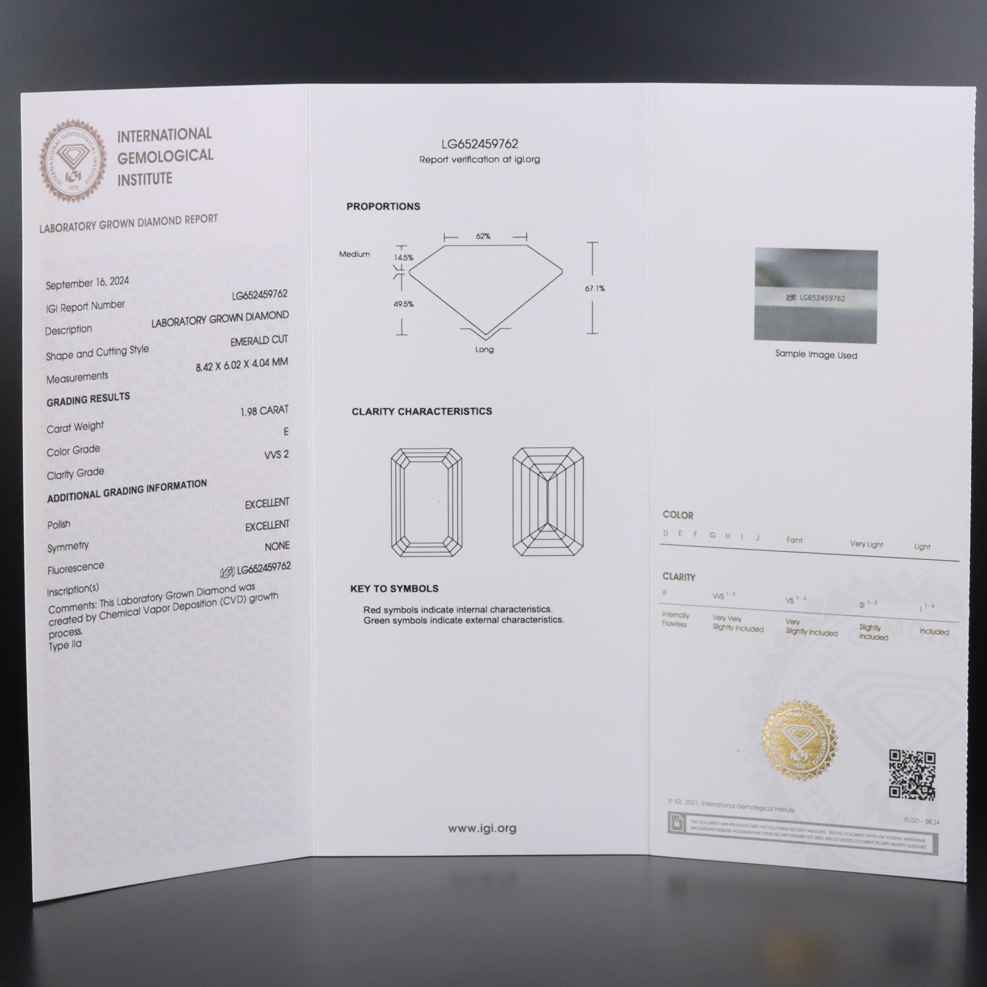 Loose 1.98 CT Lab Grown Diamond with IGI Report