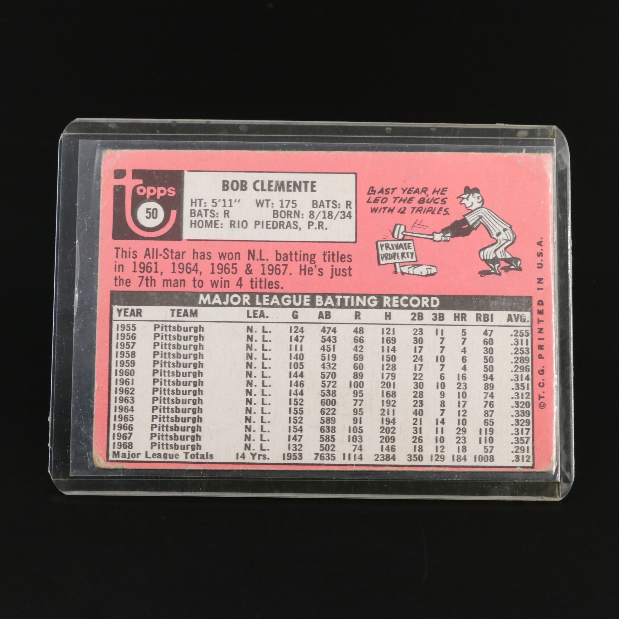 1969 Topps Roberto Clemente Pittsburgh Pirates Baseball Card