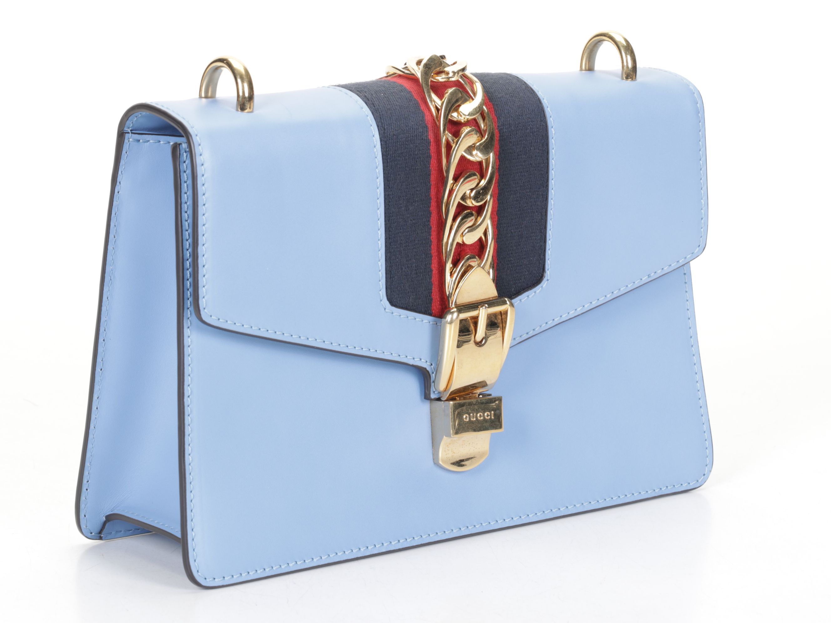 Gucci Medium Sylvie Shoulder Bag in Web Striped Blue Calfskin Leather
