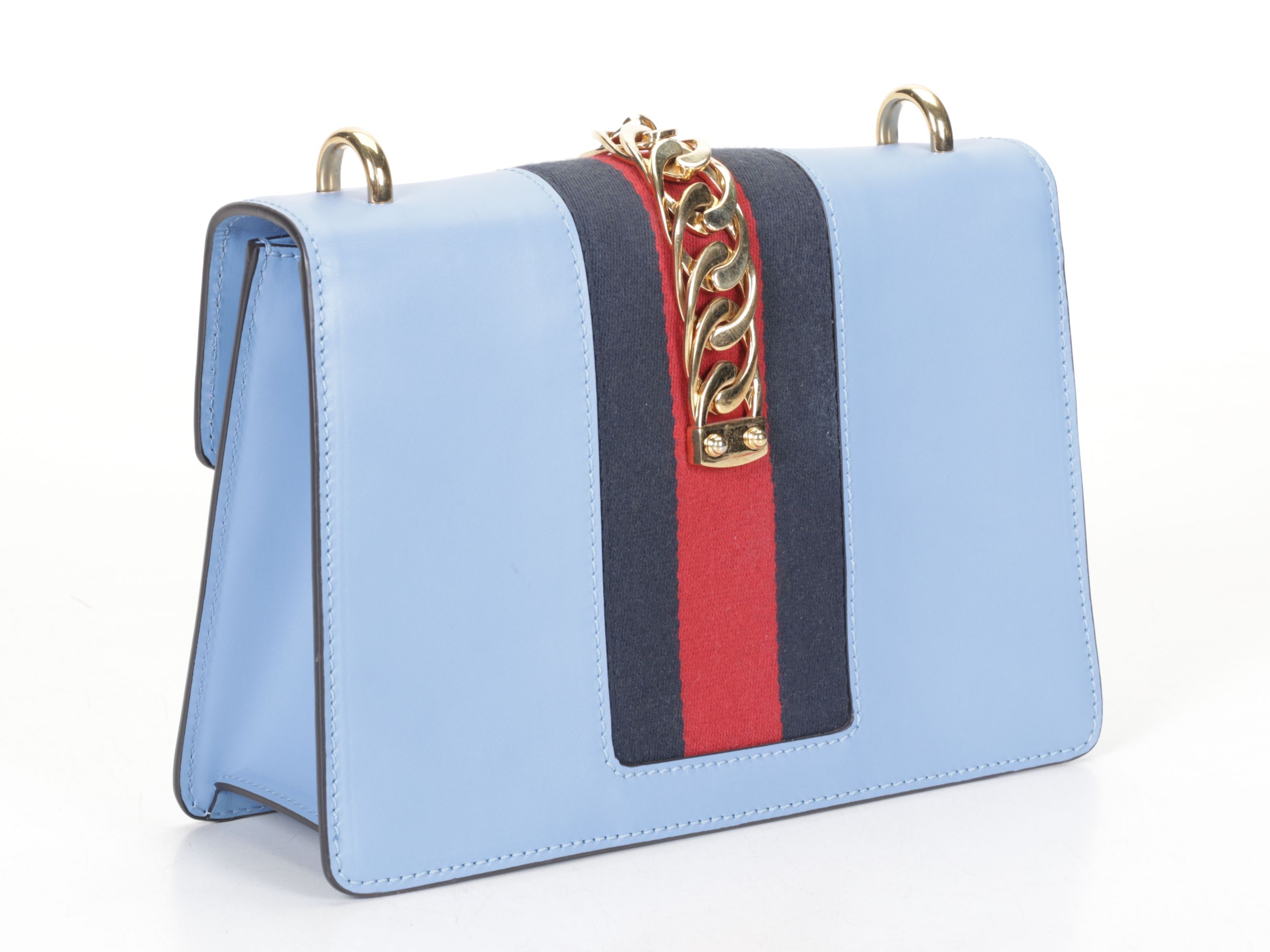 Gucci Medium Sylvie Shoulder Bag in Web Striped Blue Calfskin Leather