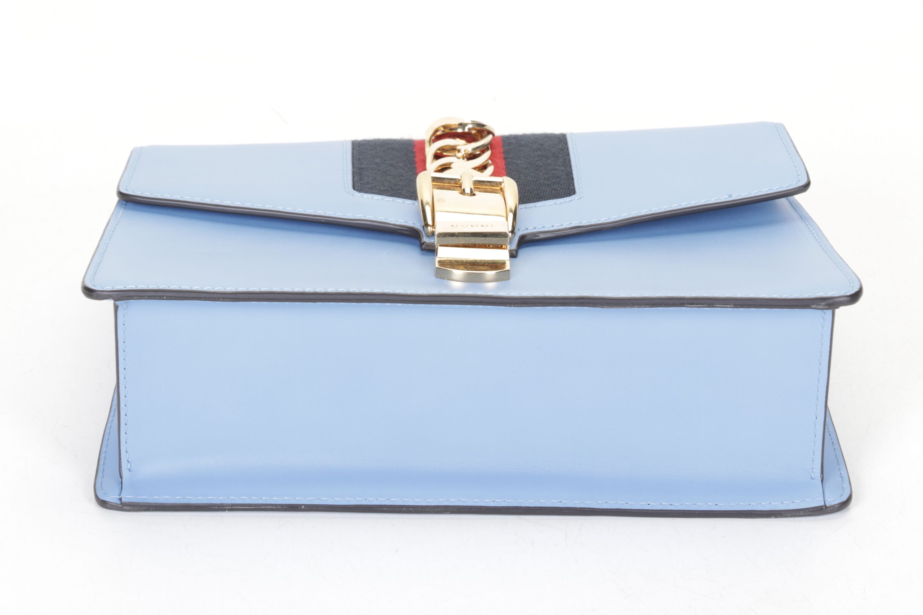 Gucci Medium Sylvie Shoulder Bag in Web Striped Blue Calfskin Leather