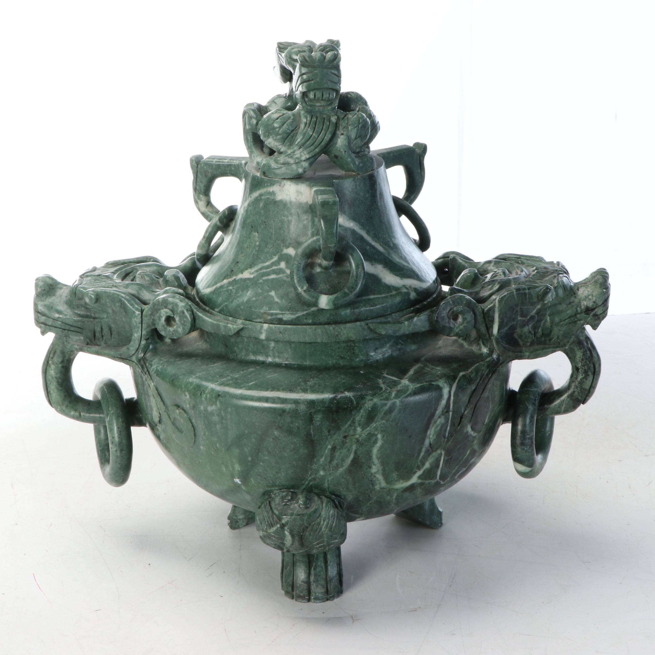 Colossal Chinese Carved Green Marble Censer with Dragon Finial