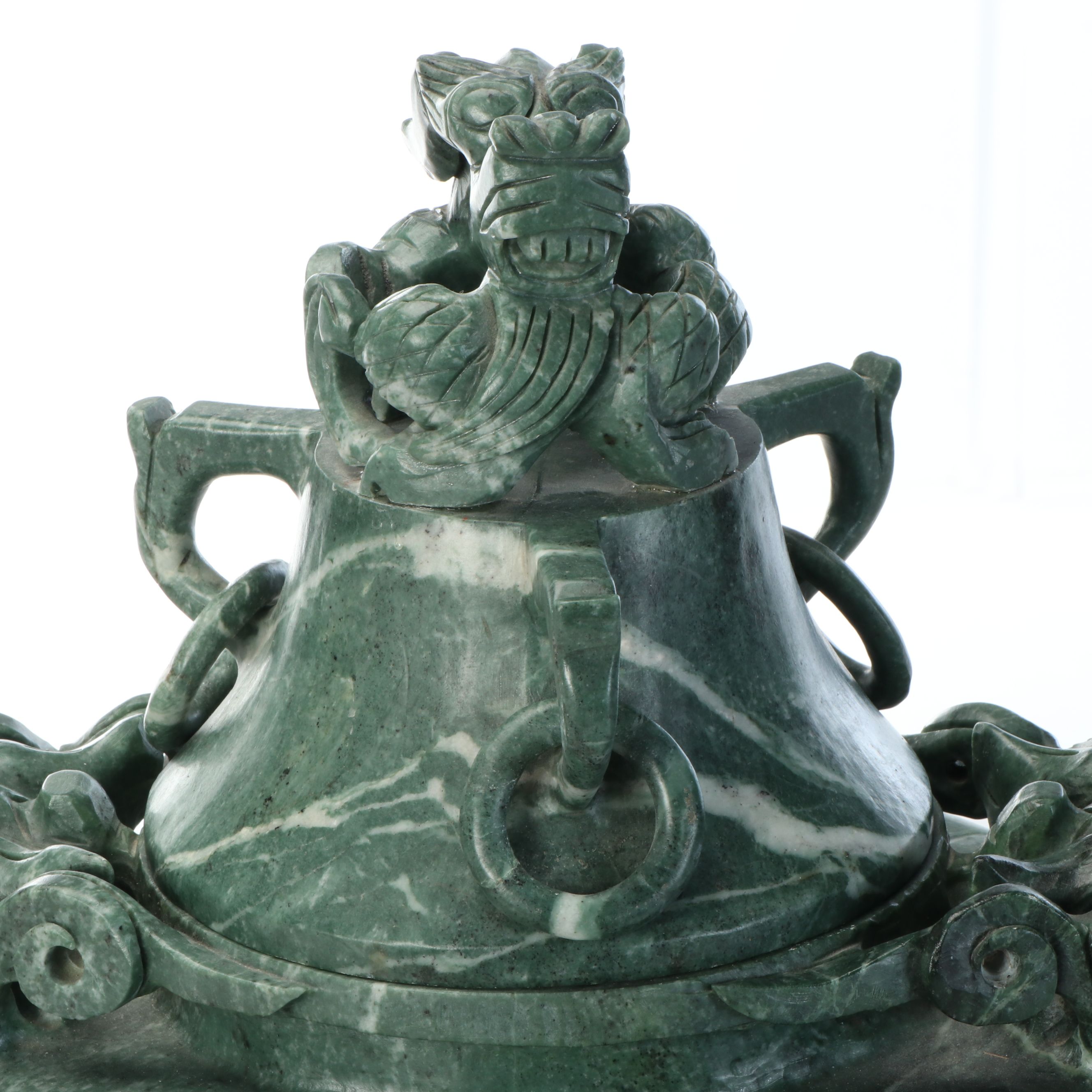 Colossal Chinese Carved Green Marble Censer with Dragon Finial