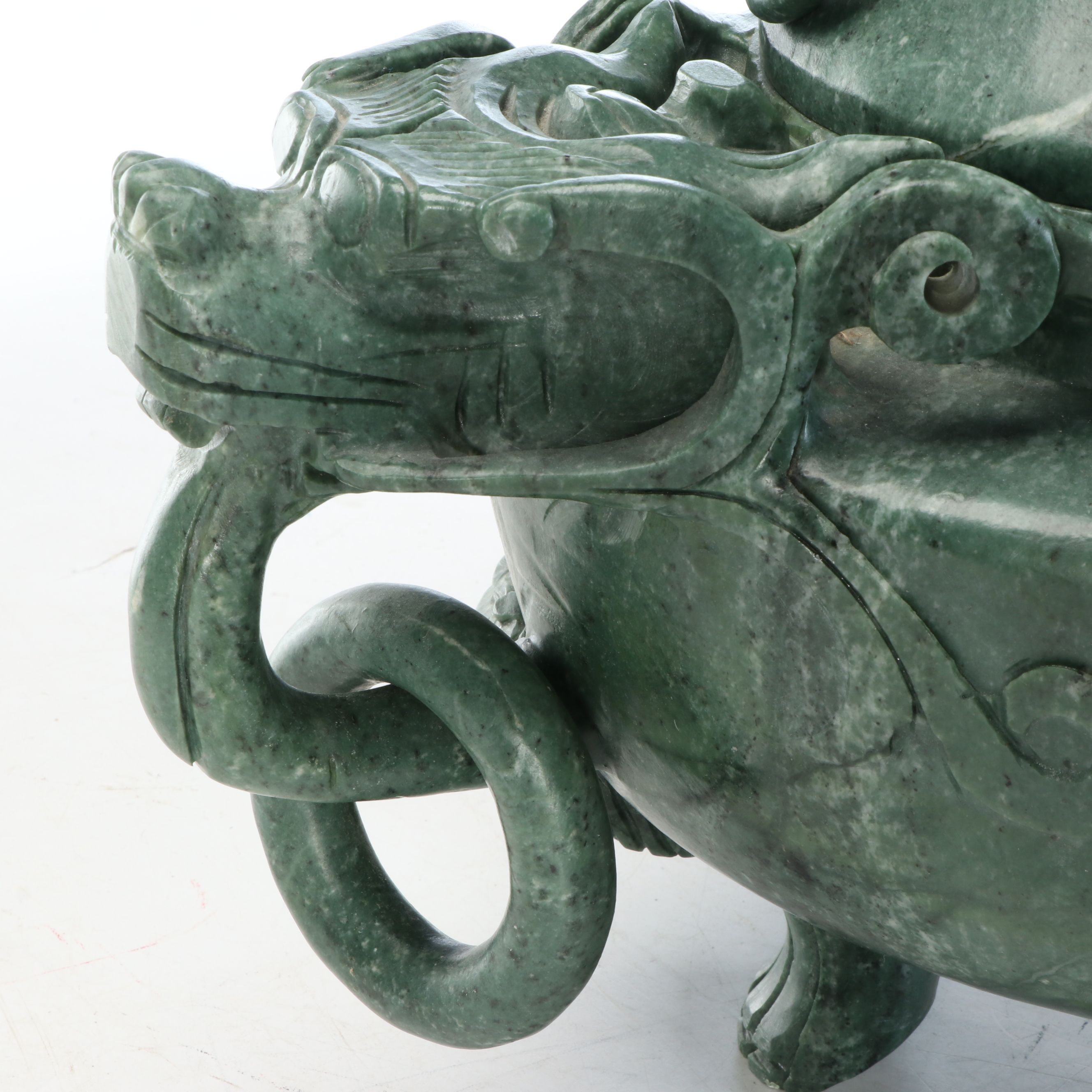 Colossal Chinese Carved Green Marble Censer with Dragon Finial
