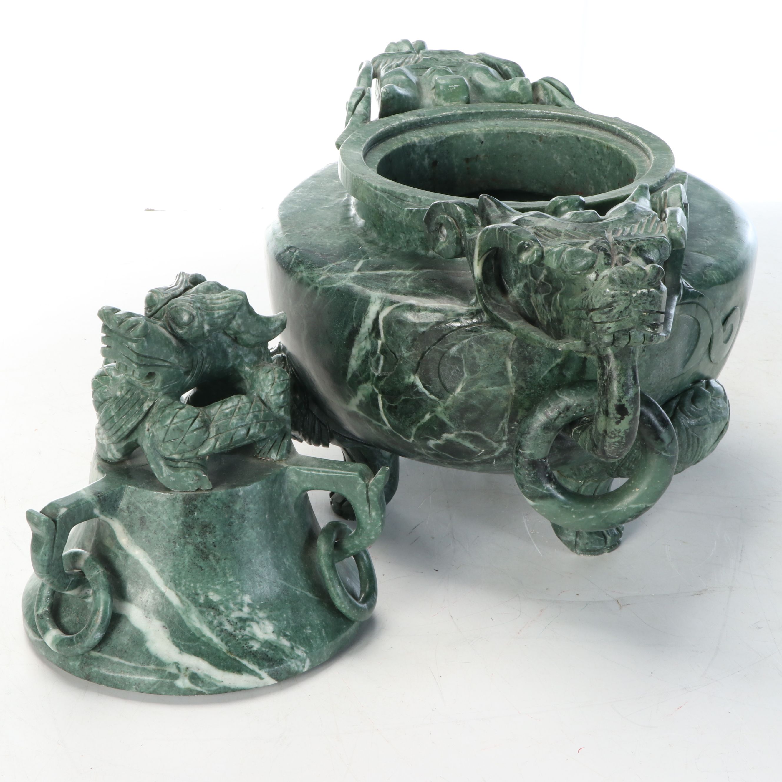 Colossal Chinese Carved Green Marble Censer with Dragon Finial