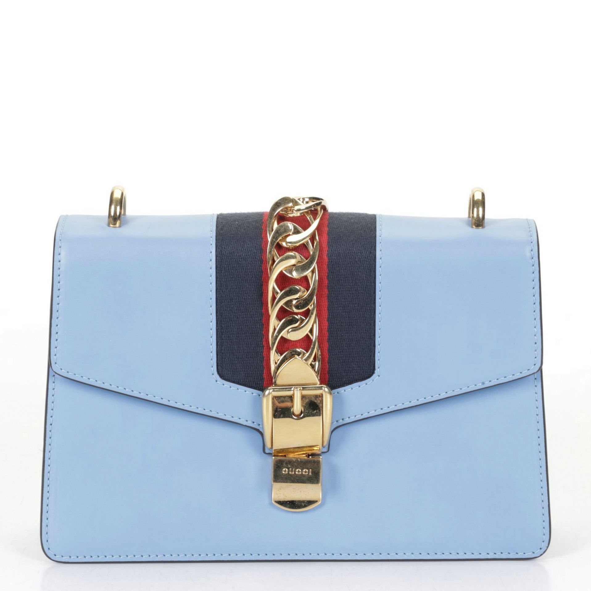Gucci Medium Sylvie Shoulder Bag in Web Striped Blue Calfskin Leather