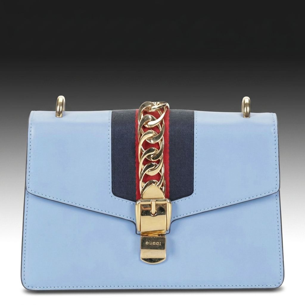 Gucci Medium Sylvie Shoulder Bag in Web Striped Blue Calfskin Leather