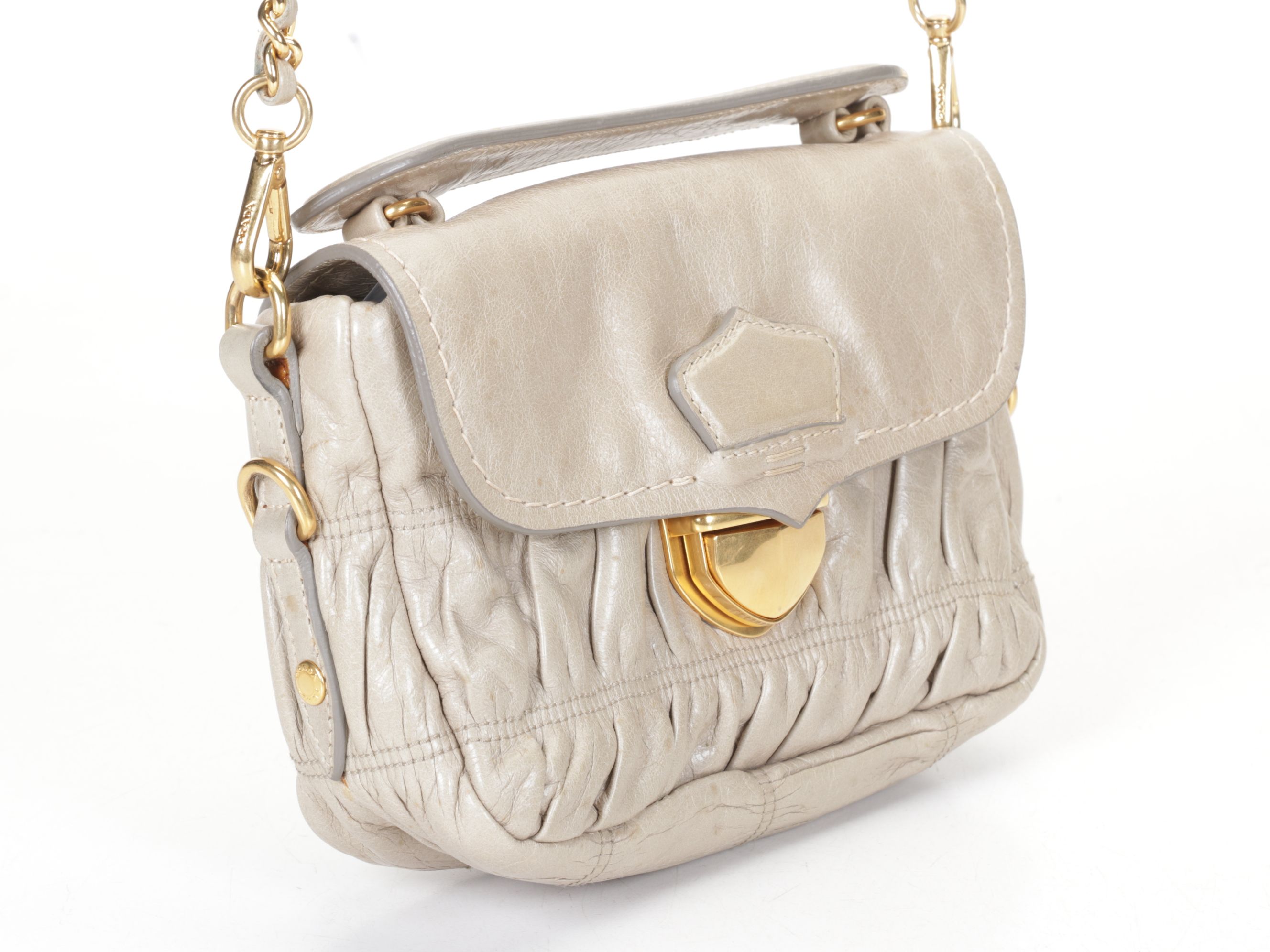 Prada Ruched Two-Way Mini Bag in Pomice Vitello Shine Leather