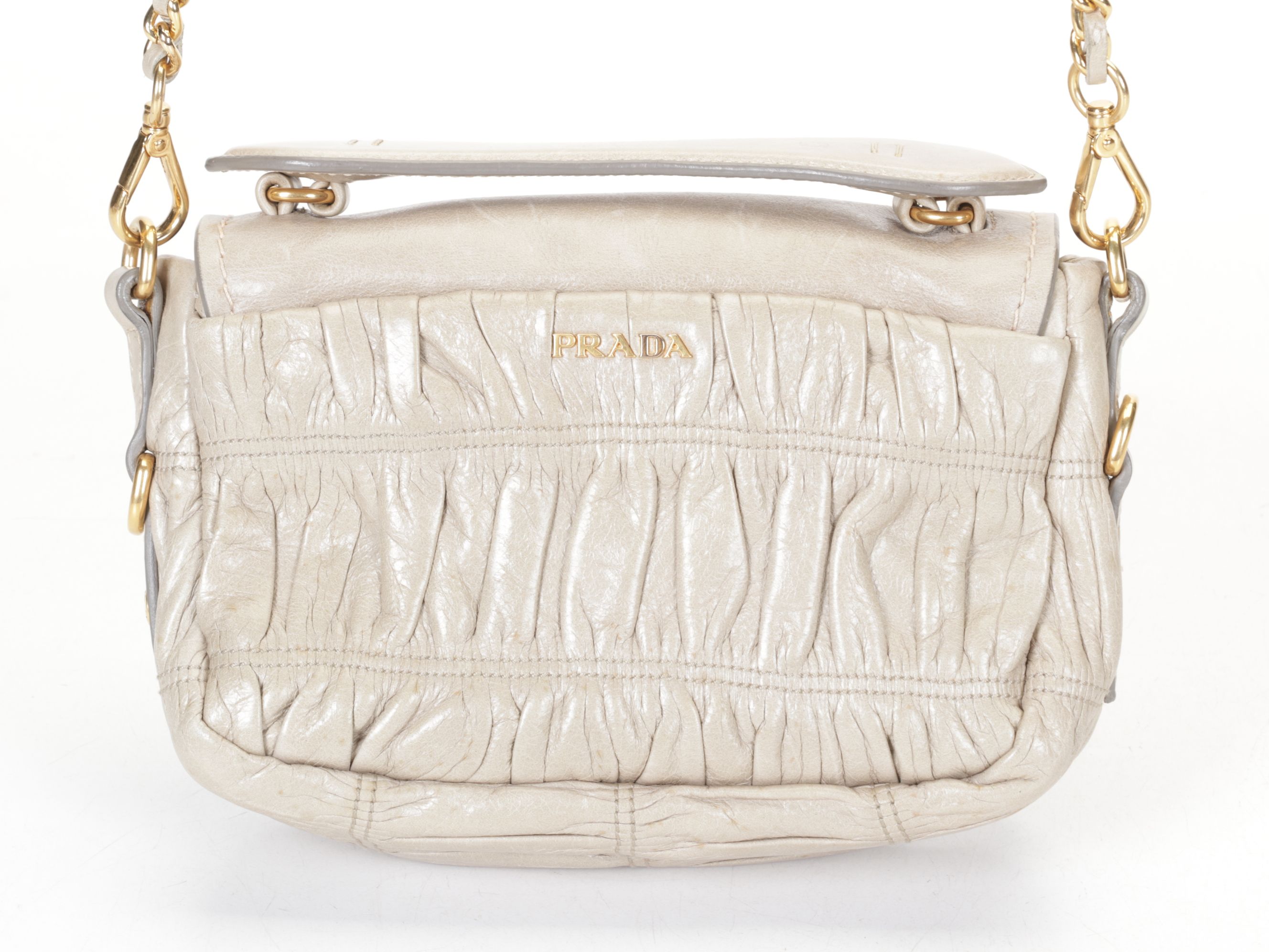 Prada Ruched Two-Way Mini Bag in Pomice Vitello Shine Leather