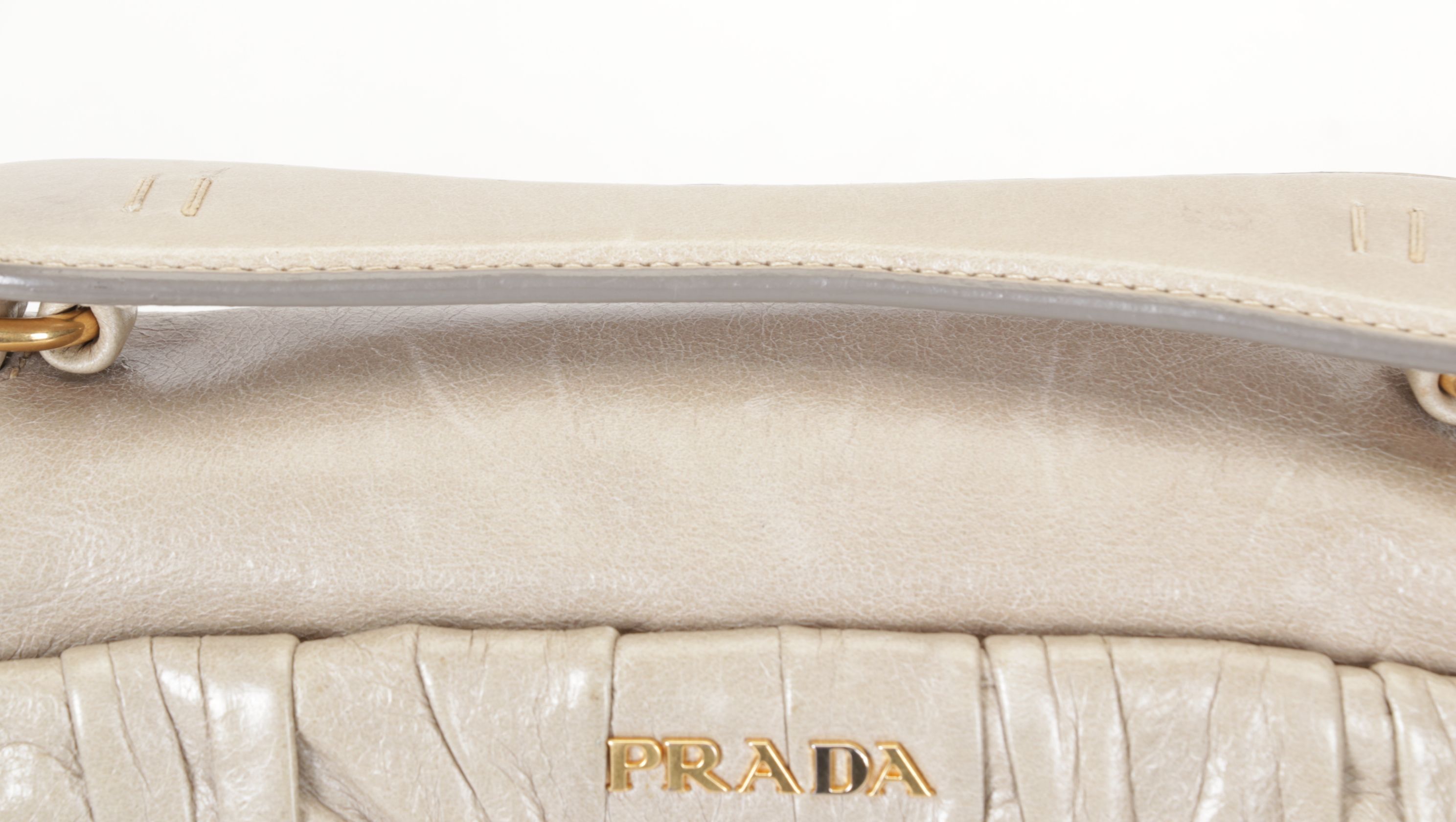 Prada Ruched Two-Way Mini Bag in Pomice Vitello Shine Leather