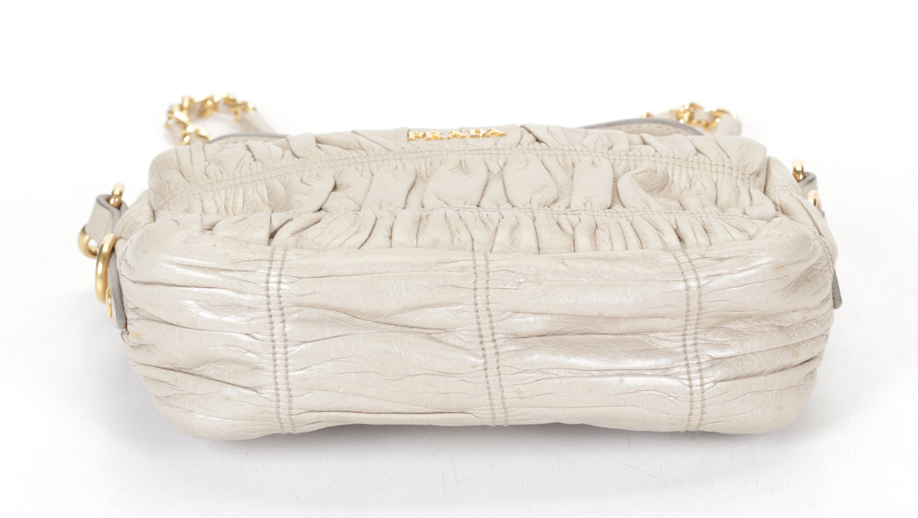 Prada Ruched Two-Way Mini Bag in Pomice Vitello Shine Leather