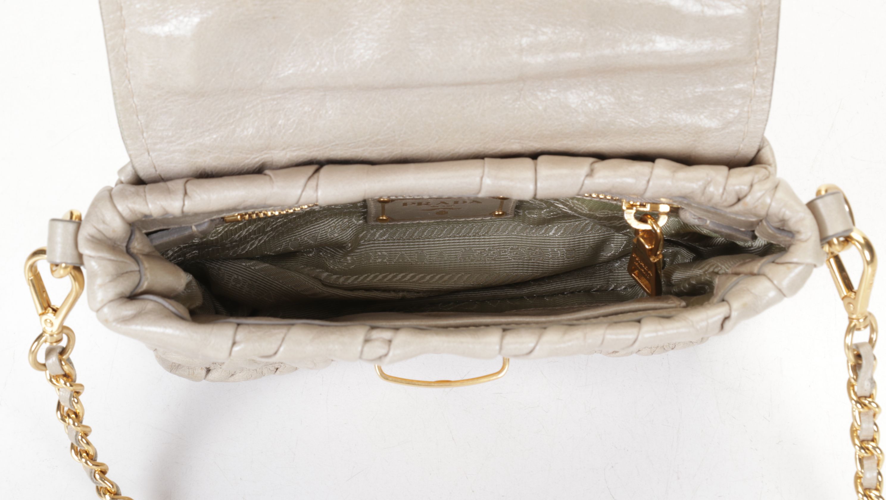 Prada Ruched Two-Way Mini Bag in Pomice Vitello Shine Leather