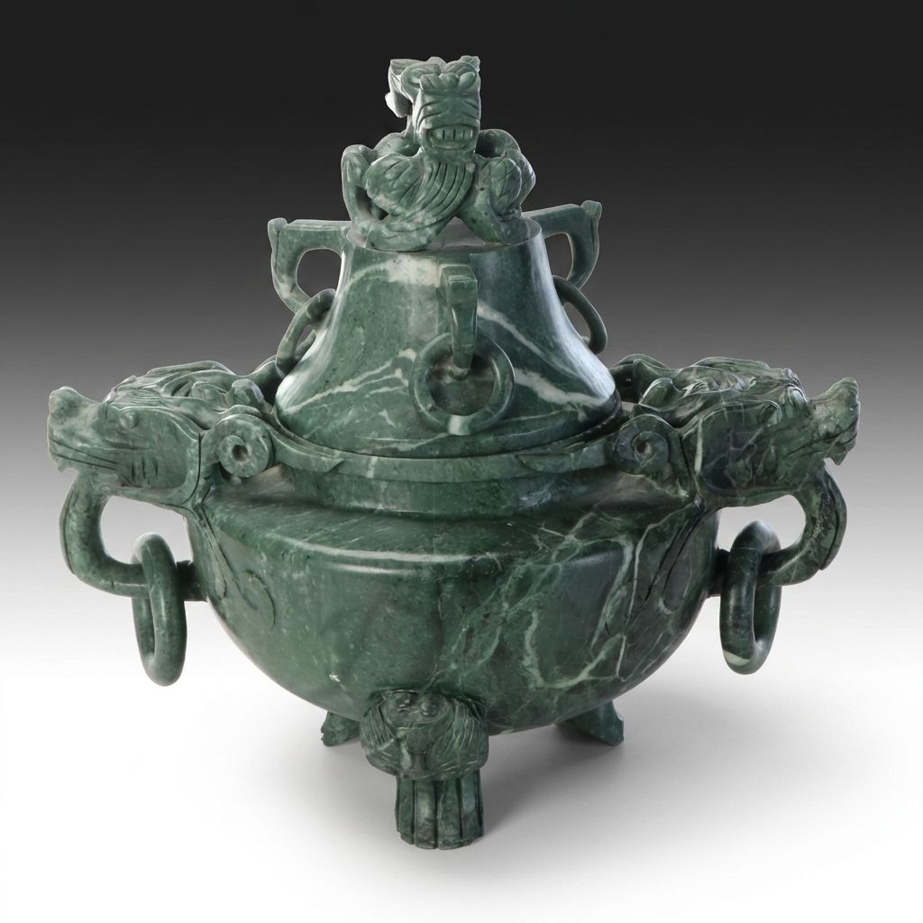 Colossal Chinese Carved Green Marble Censer with Dragon Finial