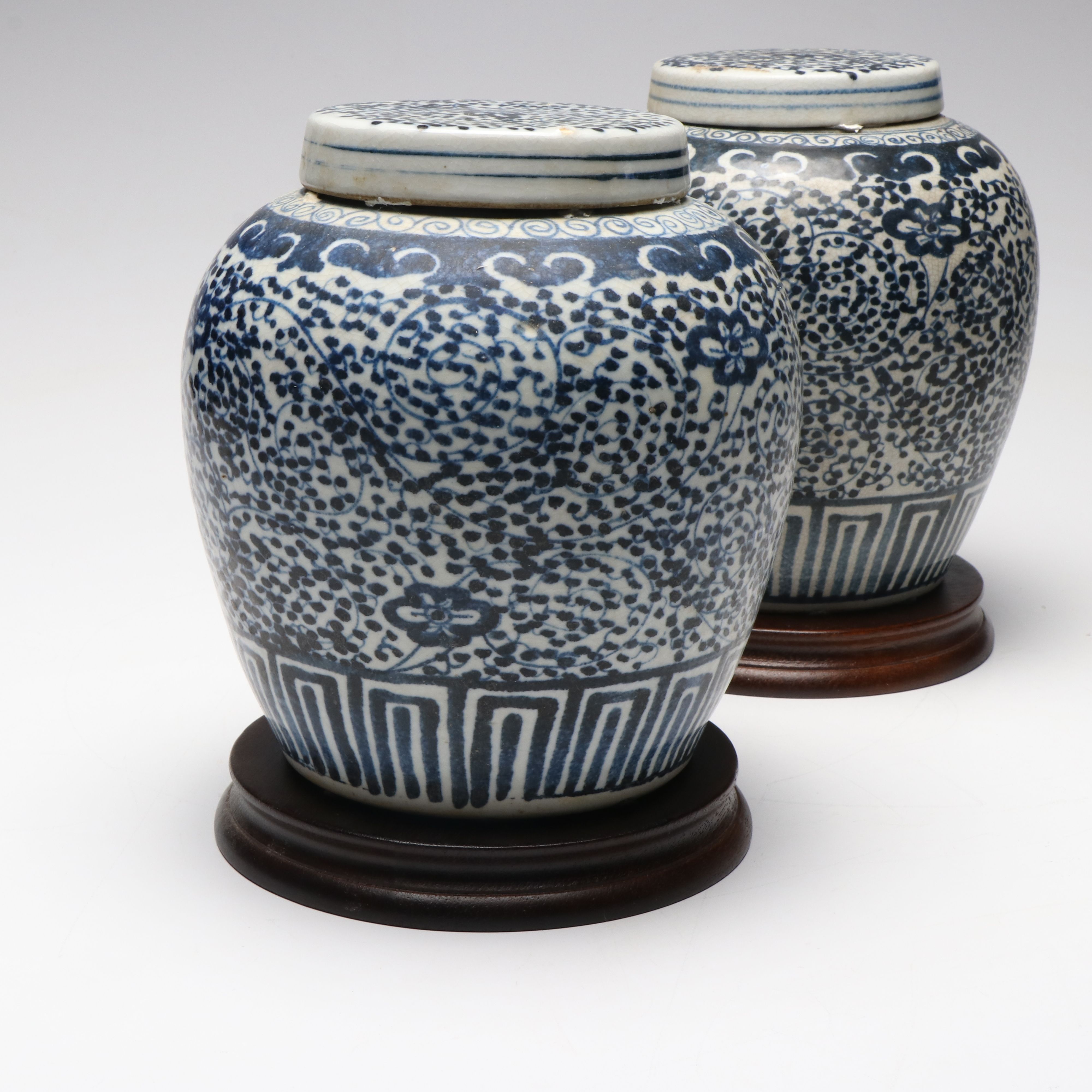 Pair of Chinese Blue and White Curly Vine Porcelain Ginger Jars