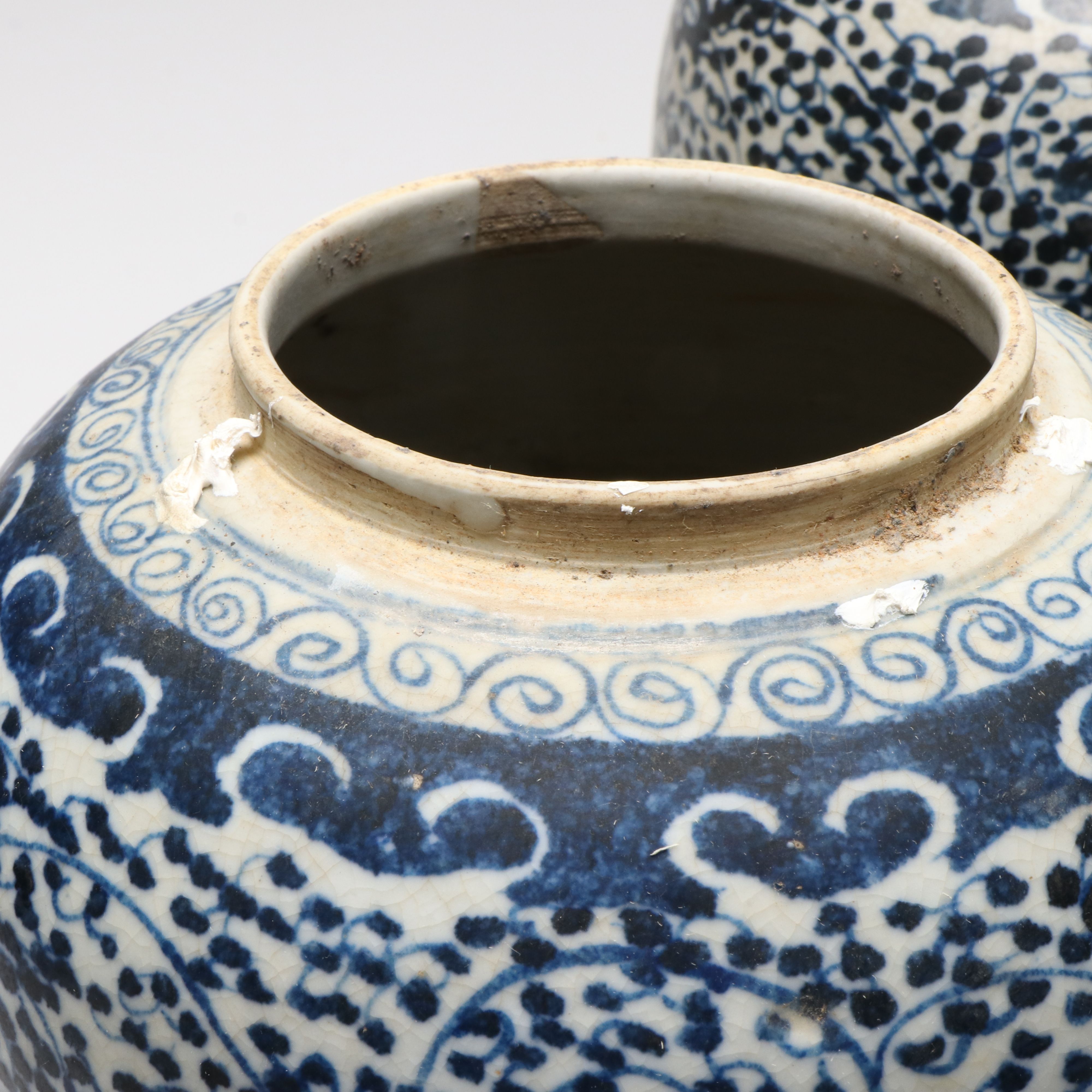 Pair of Chinese Blue and White Curly Vine Porcelain Ginger Jars