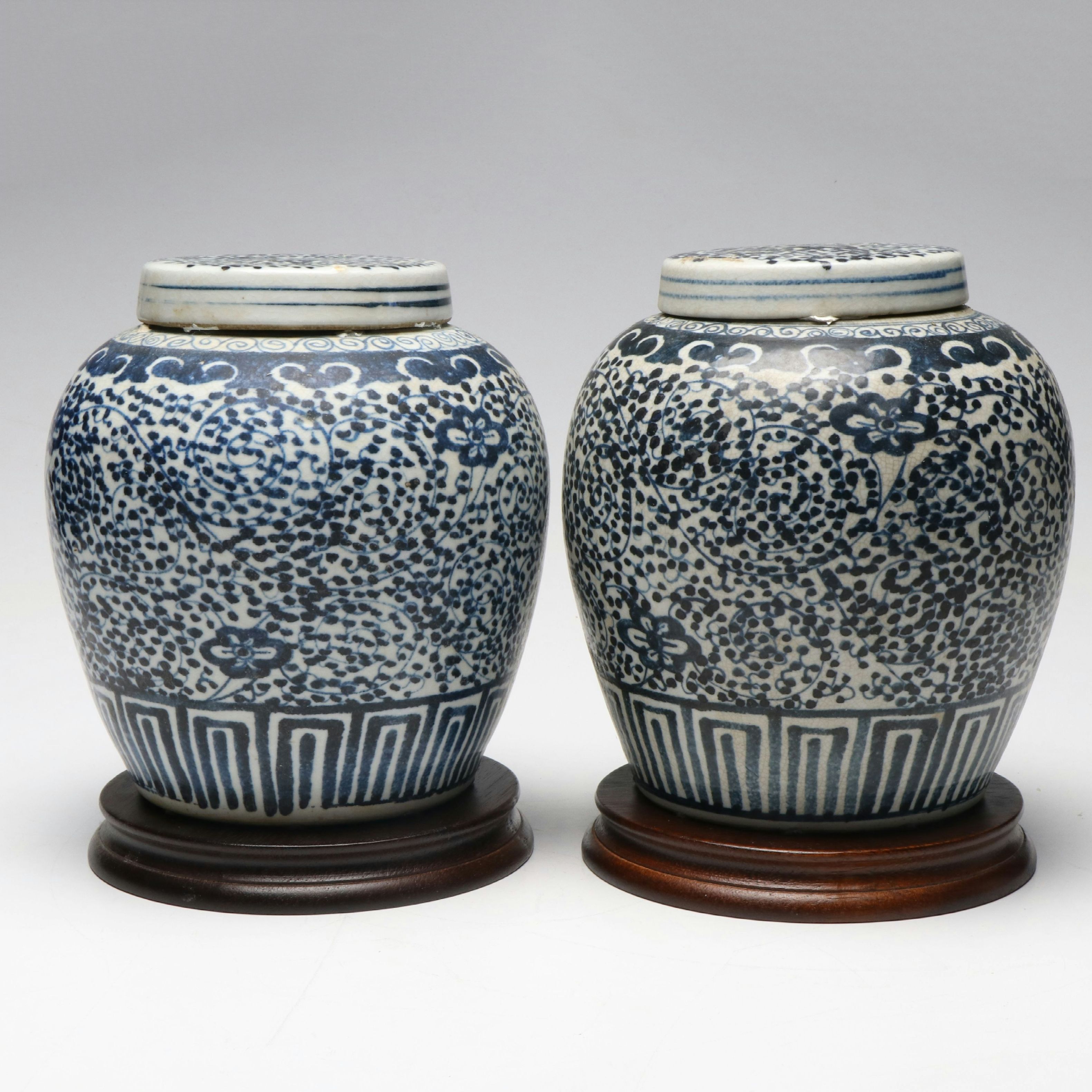 Pair of Chinese Blue and White Curly Vine Porcelain Ginger Jars