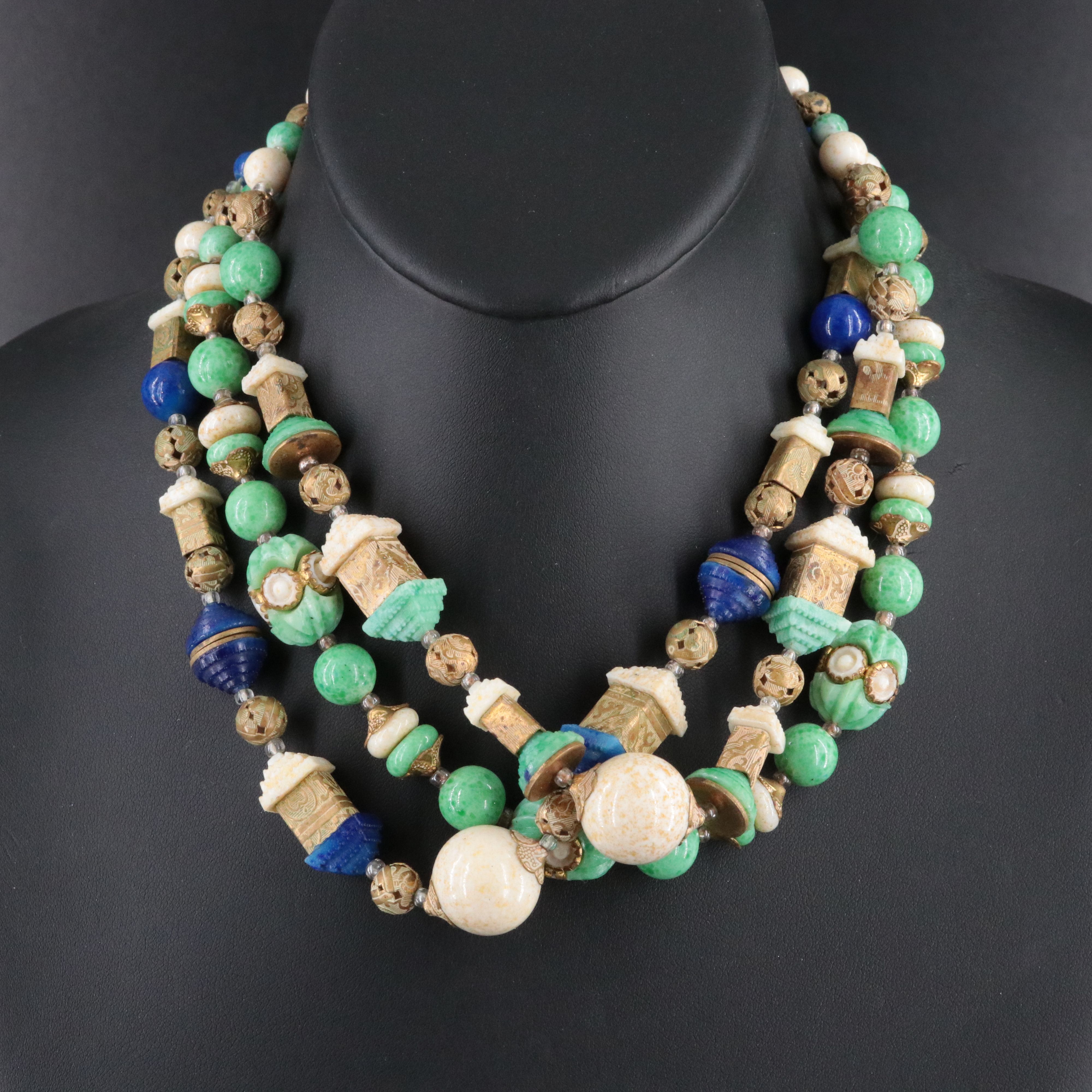 Art Deco Brass and Peking Glass Bead Necklaces