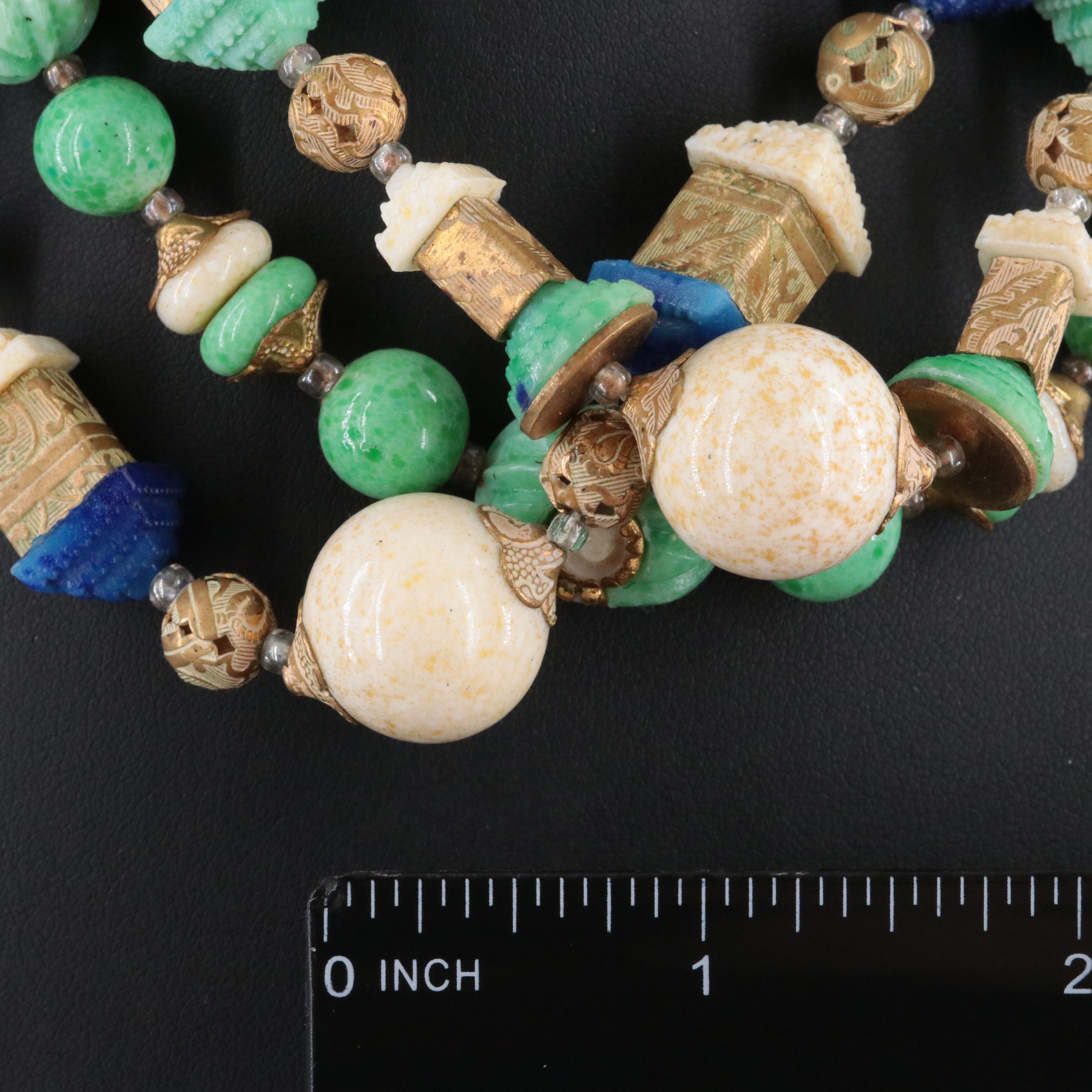 Art Deco Brass and Peking Glass Bead Necklaces