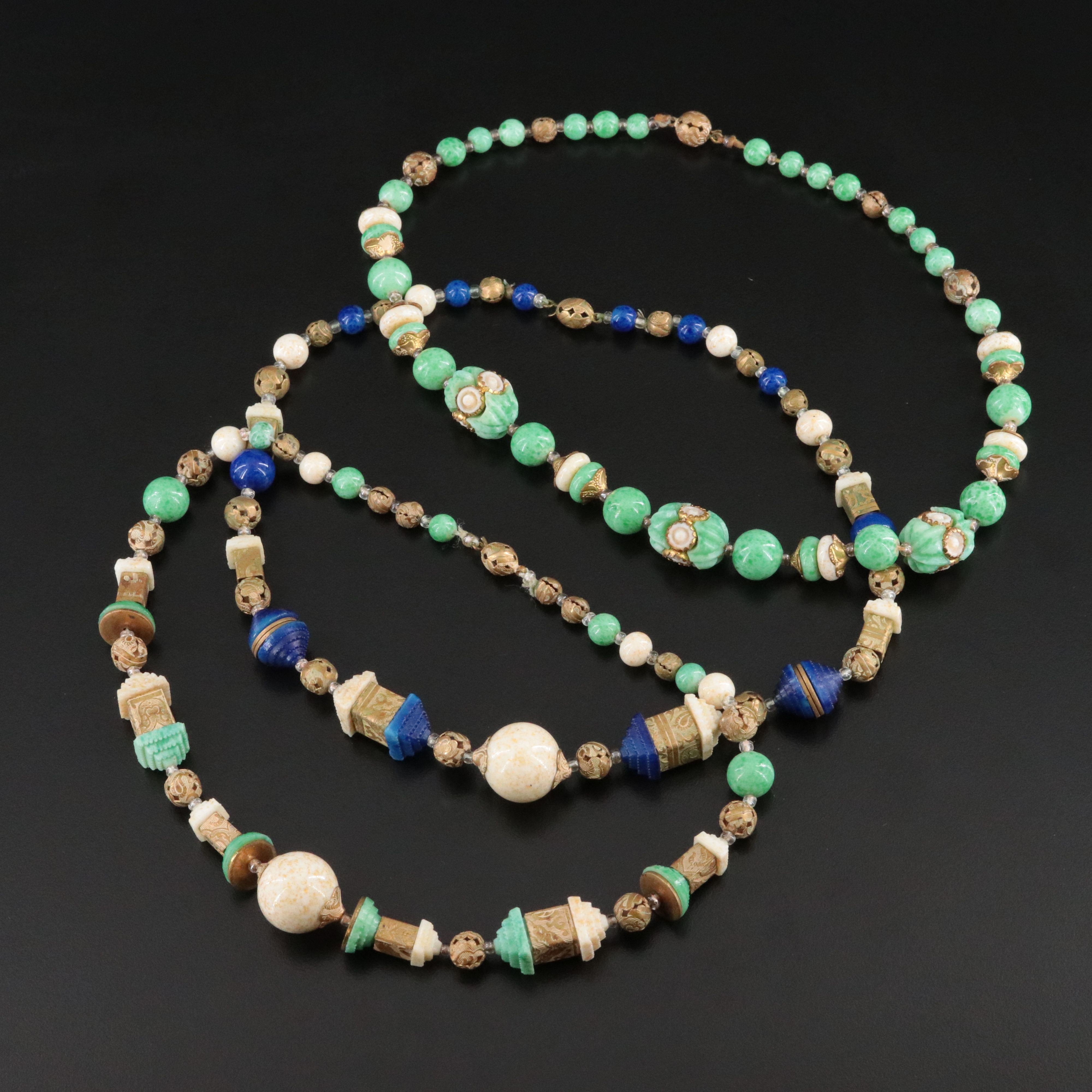 Art Deco Brass and Peking Glass Bead Necklaces