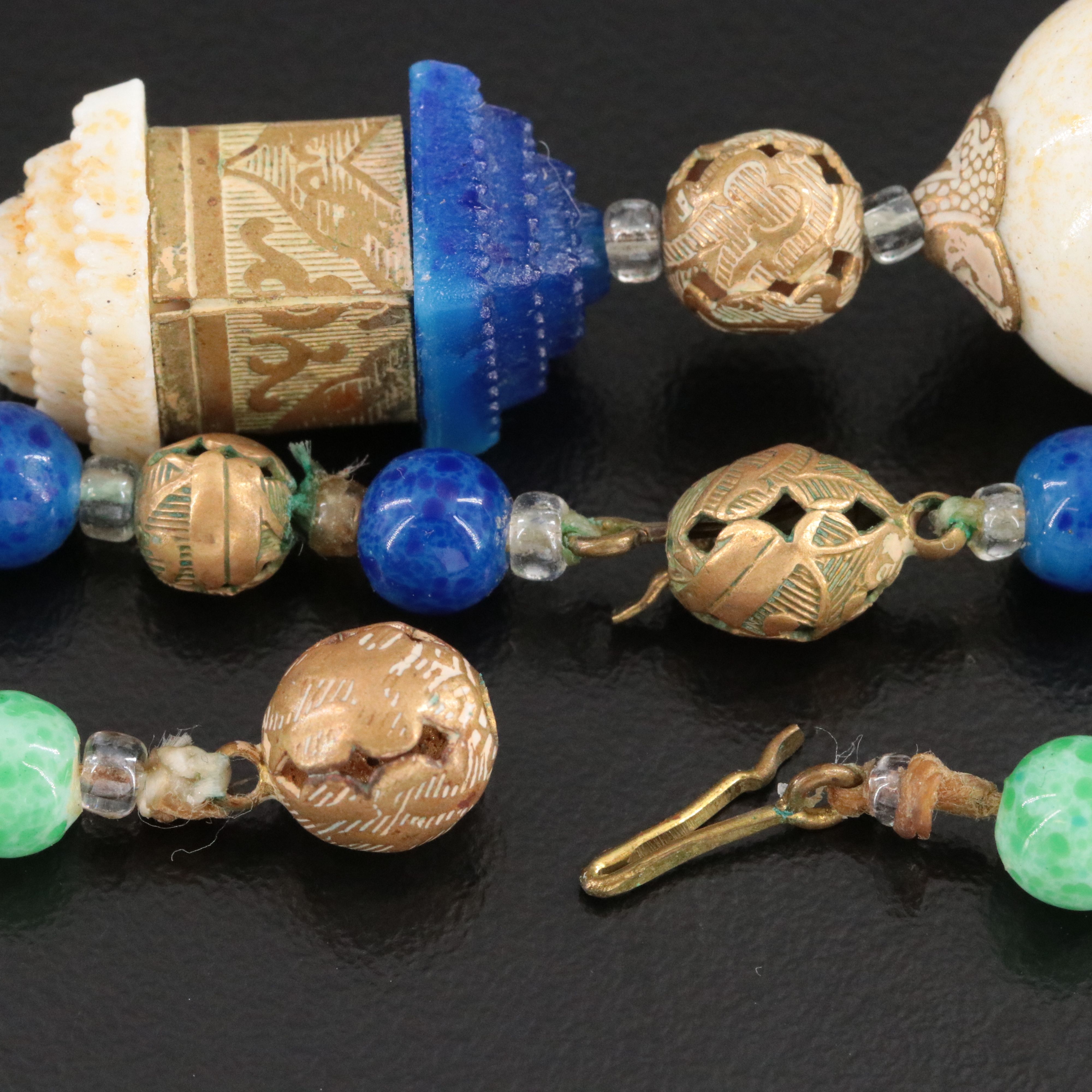 Art Deco Brass and Peking Glass Bead Necklaces