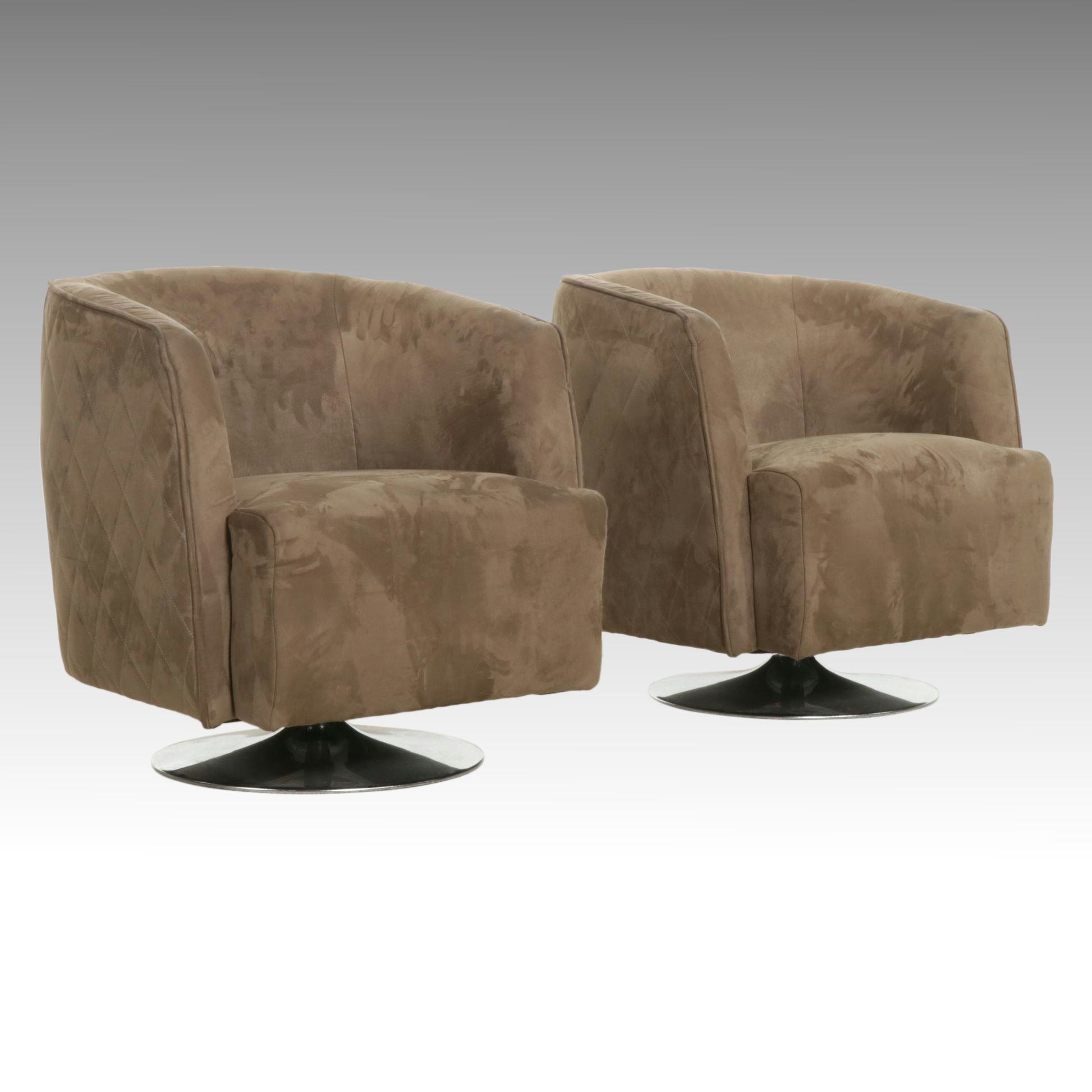 Pair of Modern Barrel-Style Upholstered Swivel Chairs, 21st Centry