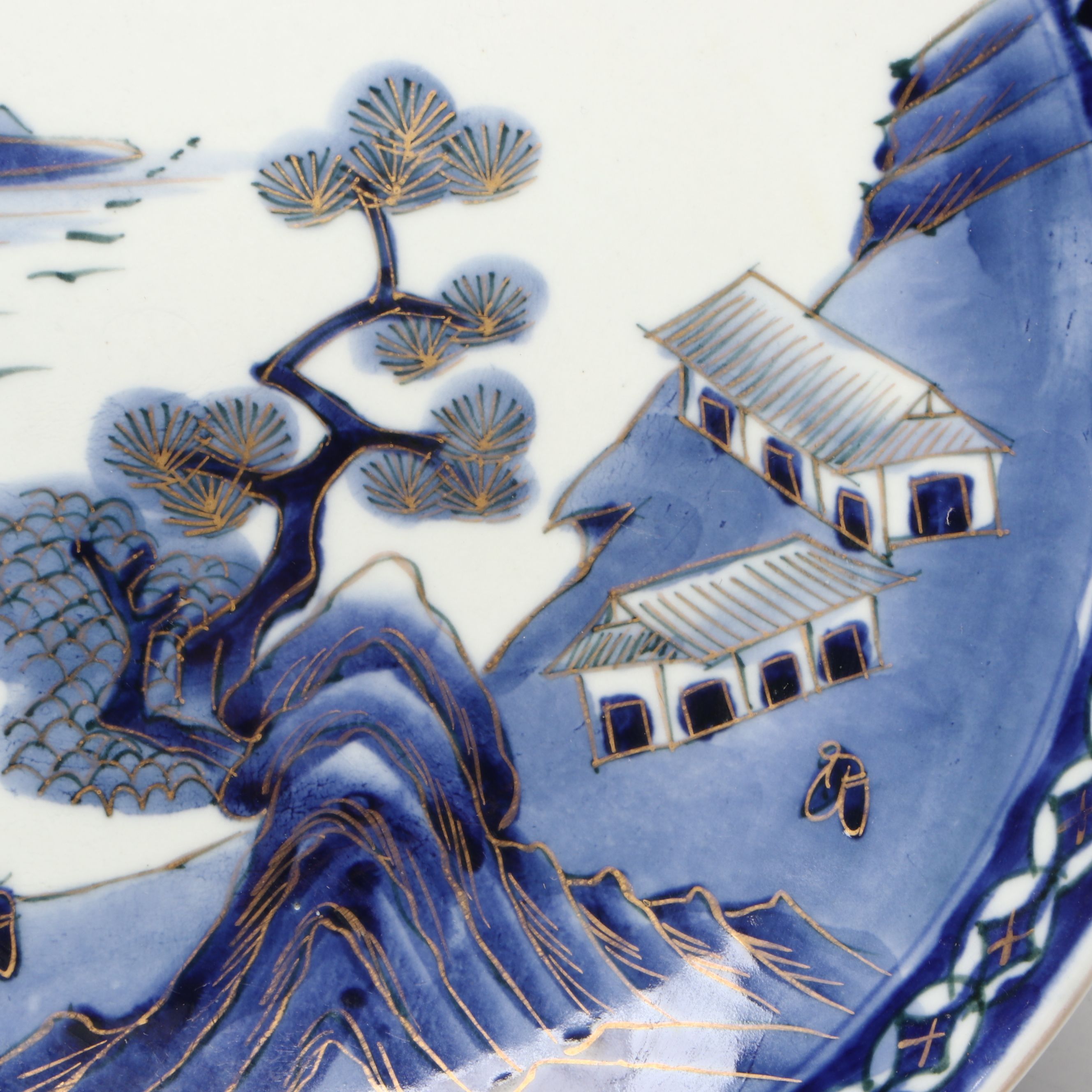 Japanese Arita Porcelain Landscape Charger on Wooden Stand