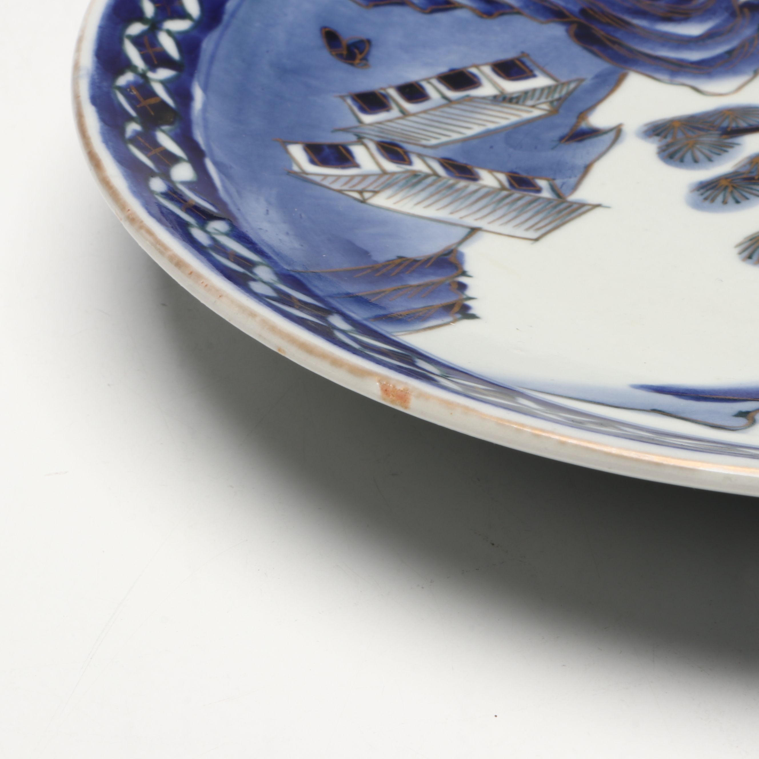 Japanese Arita Porcelain Landscape Charger on Wooden Stand