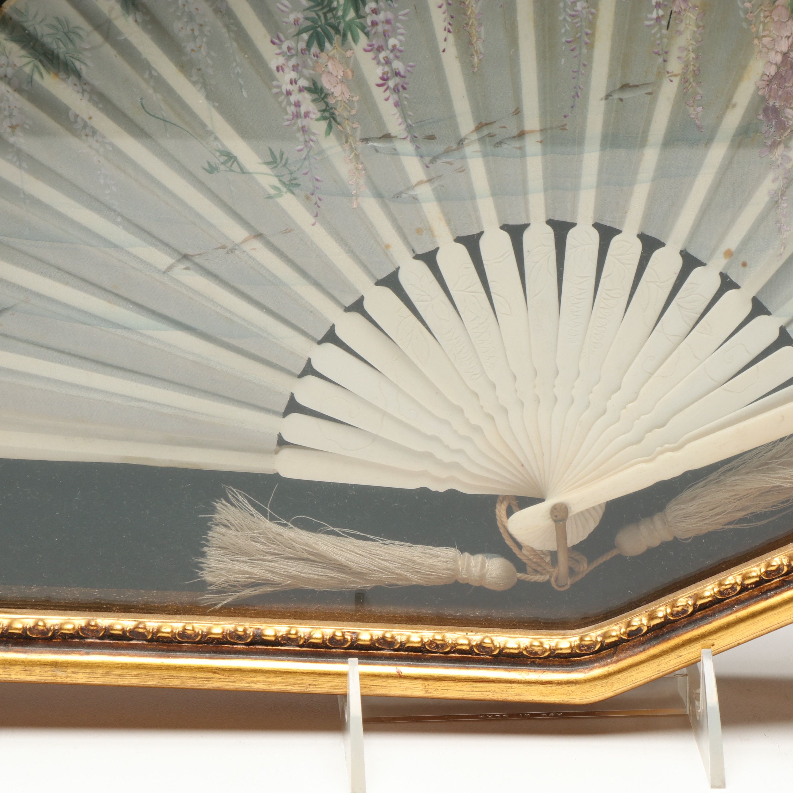 Hand-Embroidered Silk Fan in Frame and Small Portrait Prints