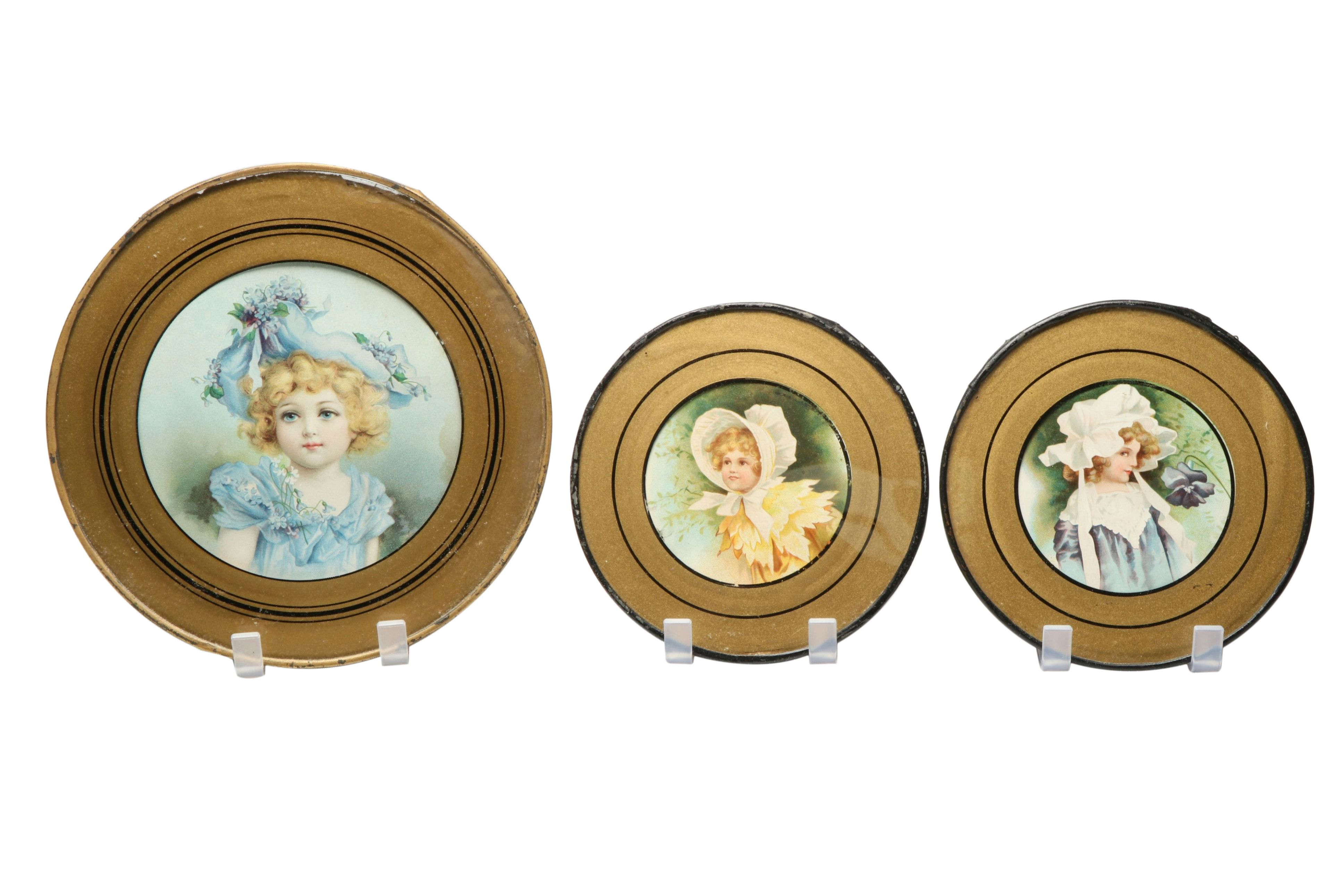 Hand-Embroidered Silk Fan in Frame and Small Portrait Prints