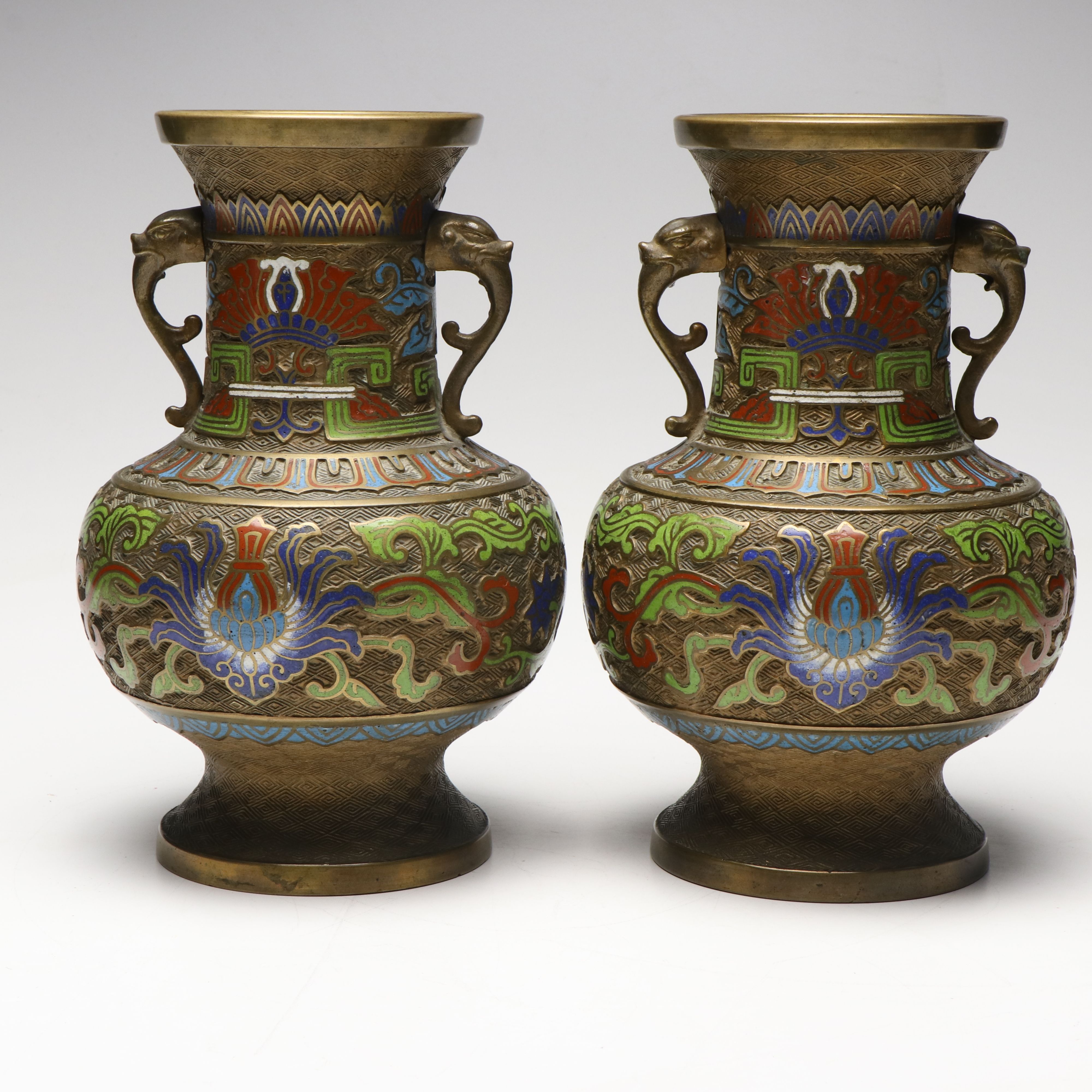 Chinese Ornate Floral with Dragon Handles Champlevé Vases
