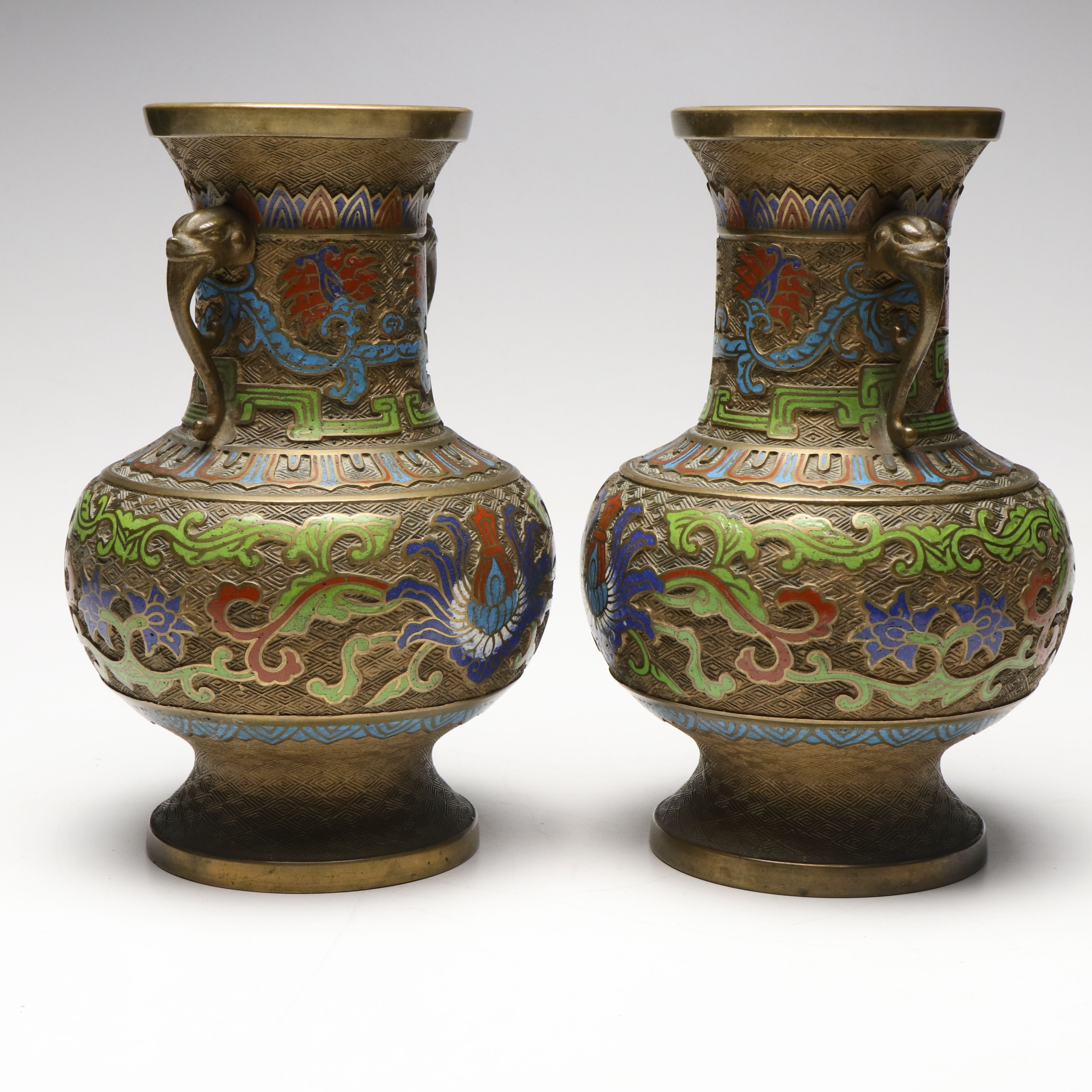 Chinese Ornate Floral with Dragon Handles Champlevé Vases