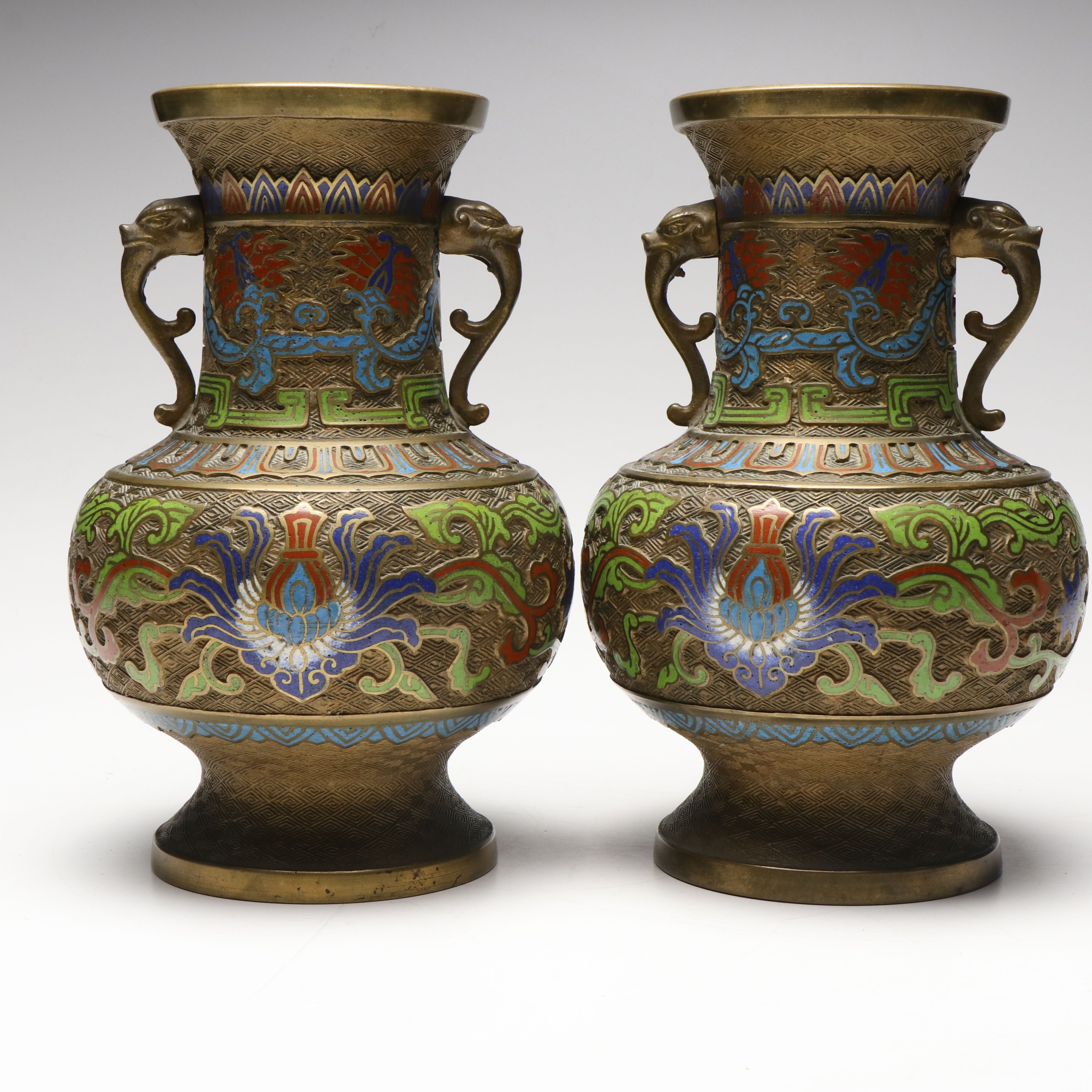 Chinese Ornate Floral with Dragon Handles Champlevé Vases