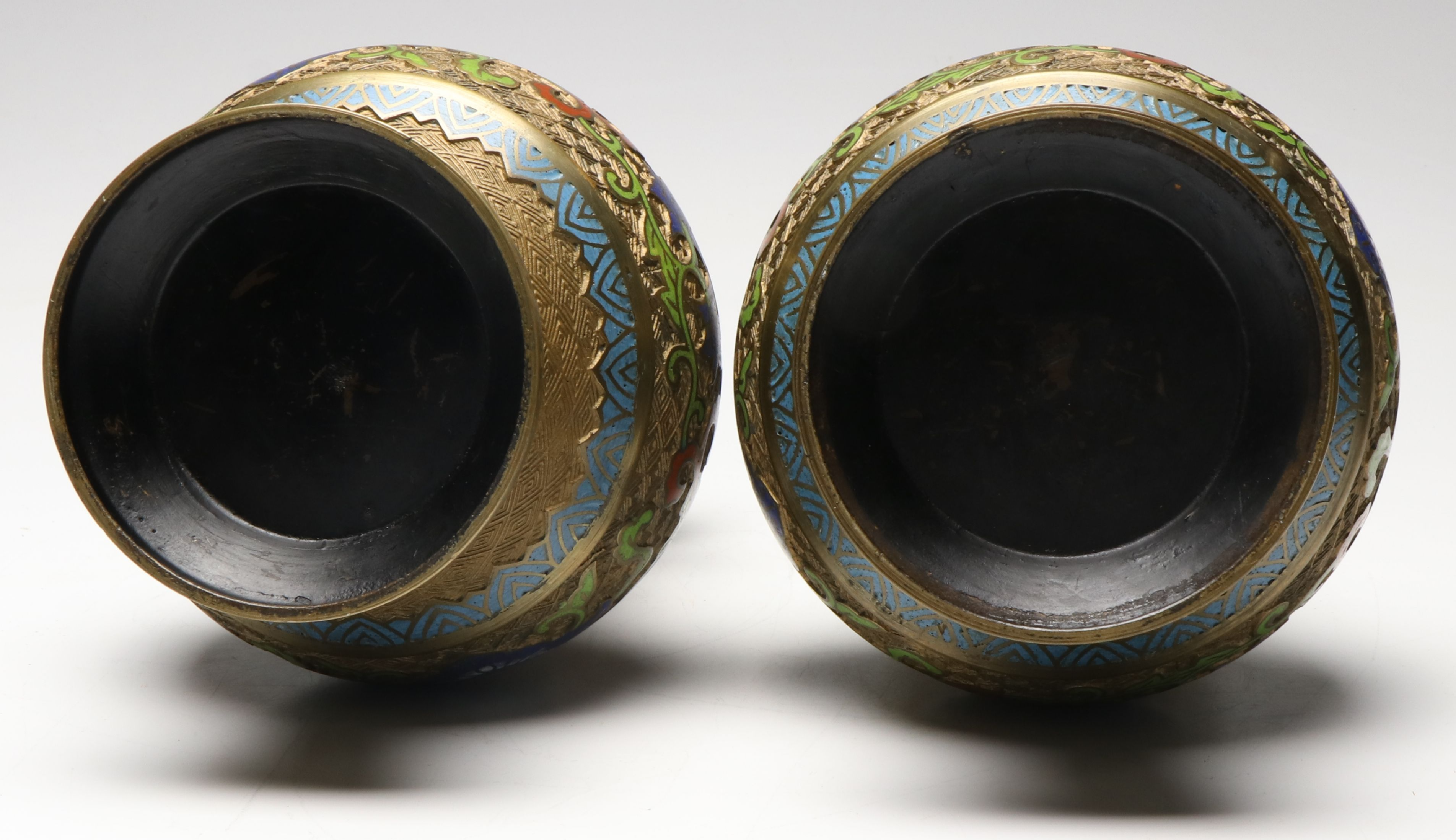 Chinese Ornate Floral with Dragon Handles Champlevé Vases