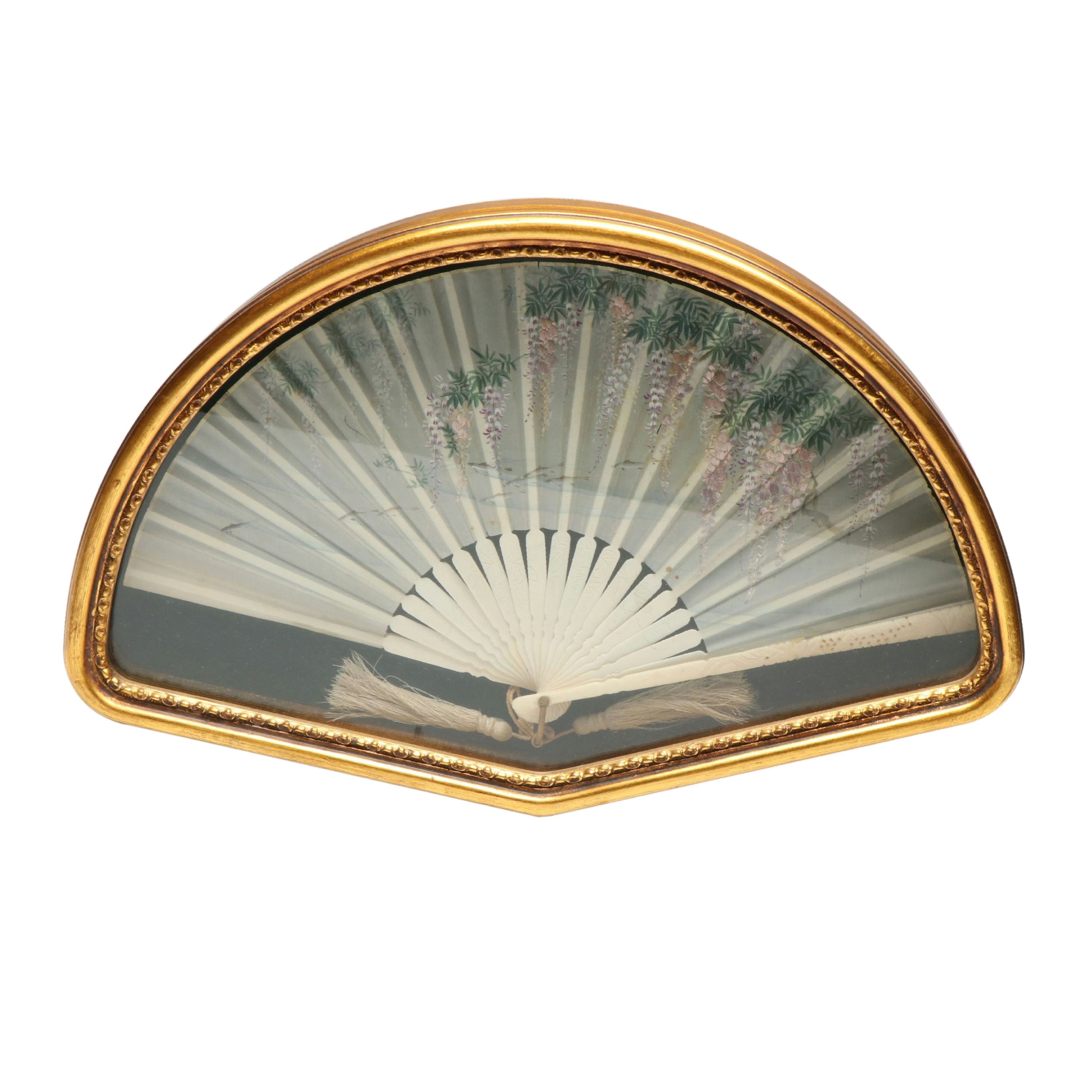 Hand-Embroidered Silk Fan in Frame and Small Portrait Prints