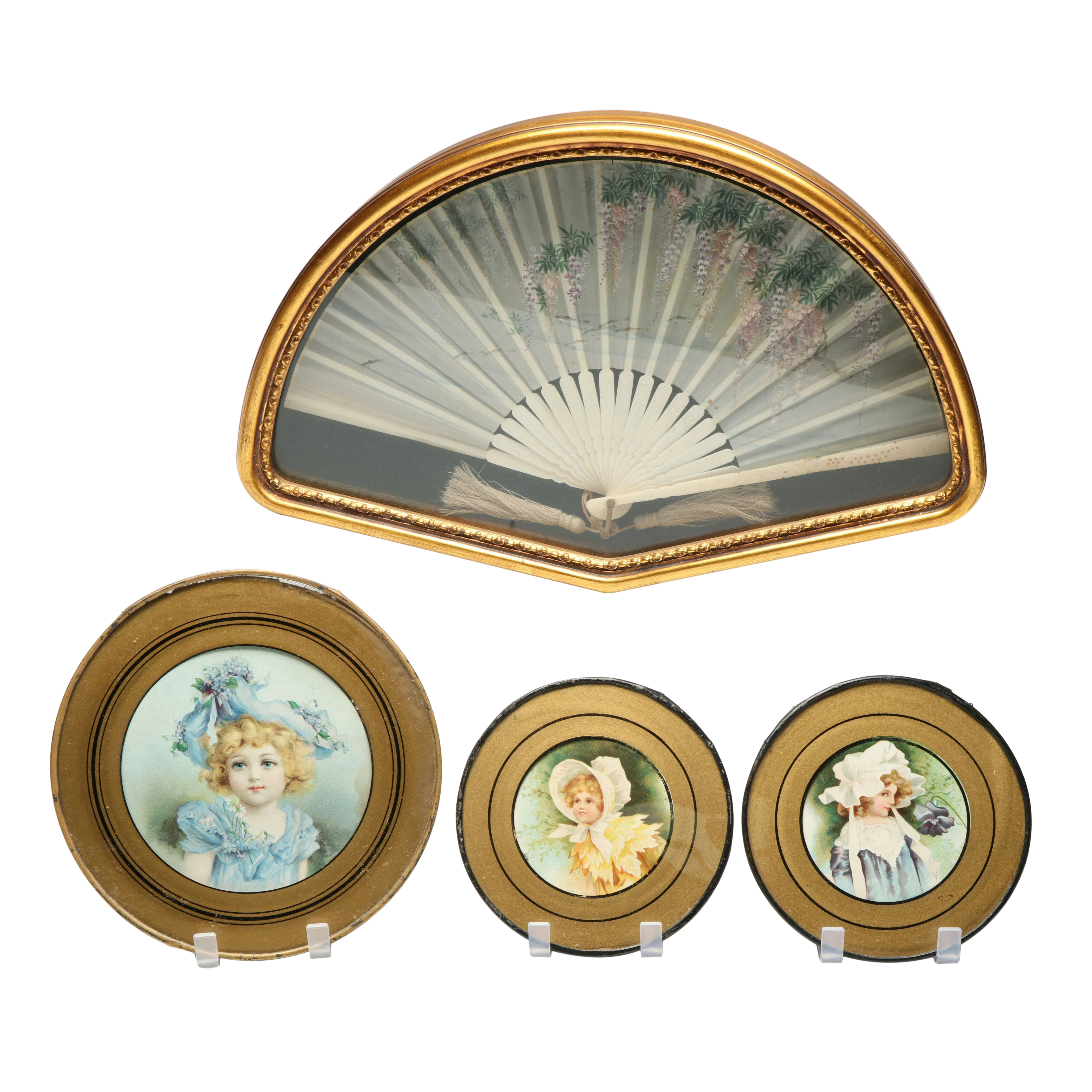Hand-Embroidered Silk Fan in Frame and Small Portrait Prints