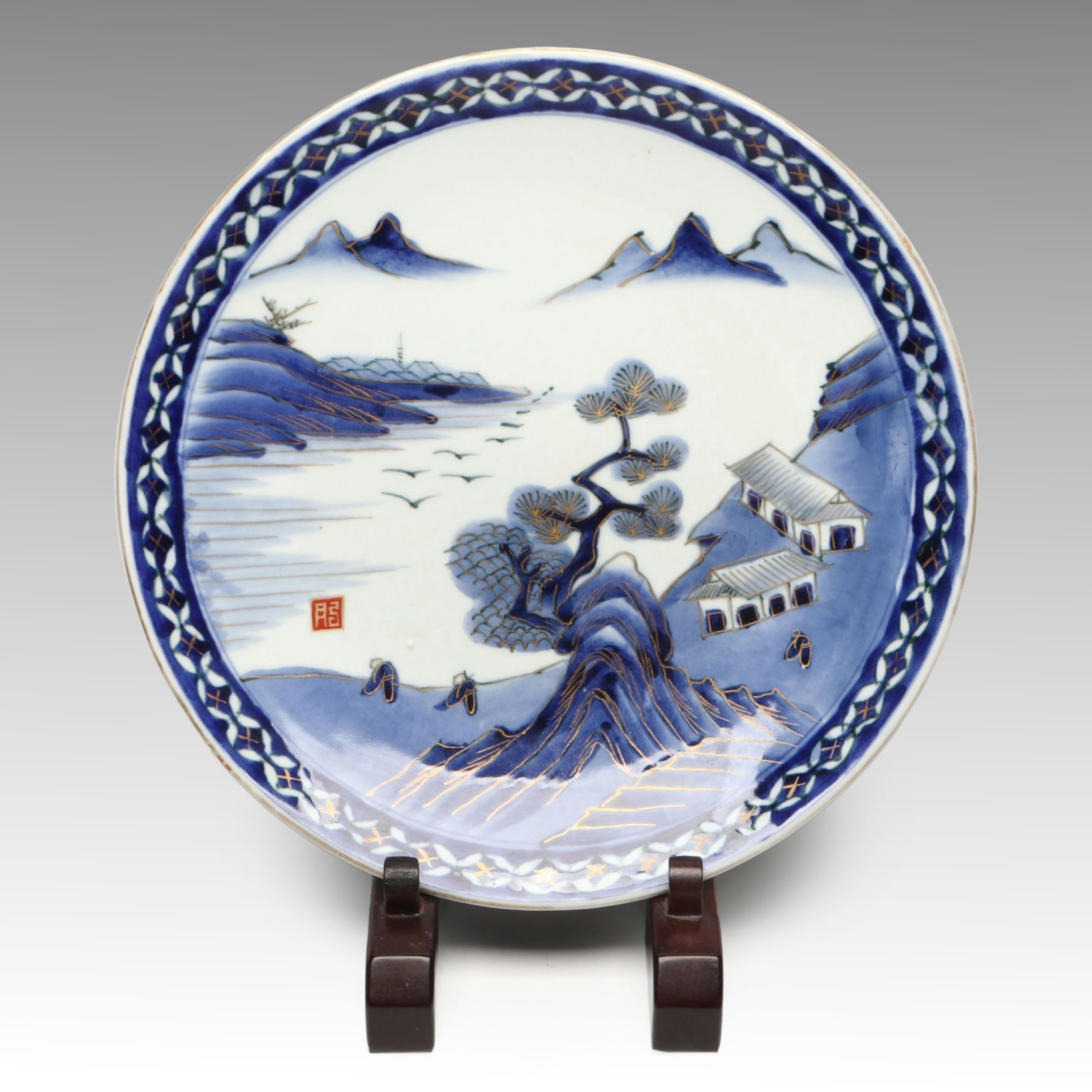 Japanese Arita Porcelain Landscape Charger on Wooden Stand
