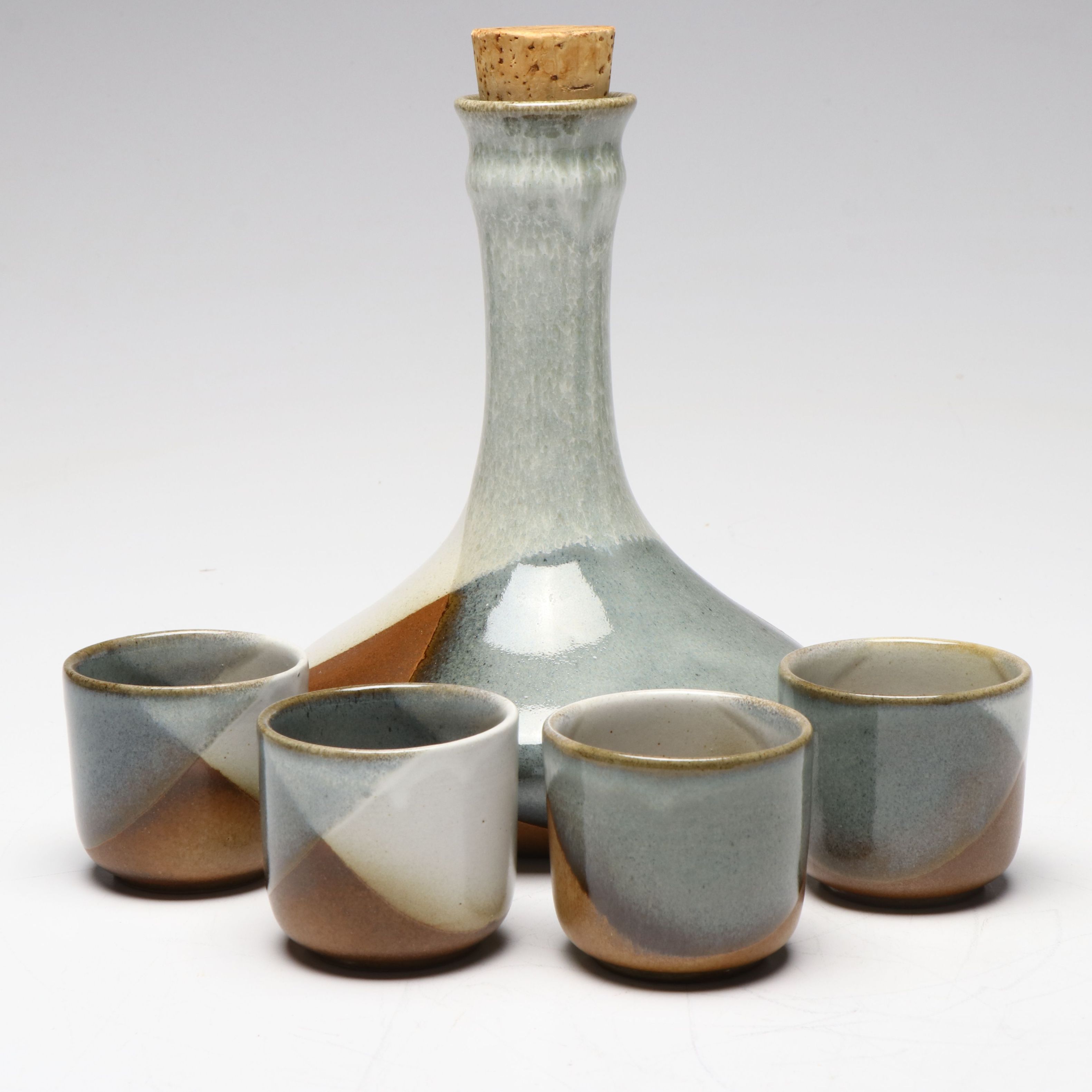 Mid Century Modern Pottery Craft Stoneware Decanter and Cups, 1970s