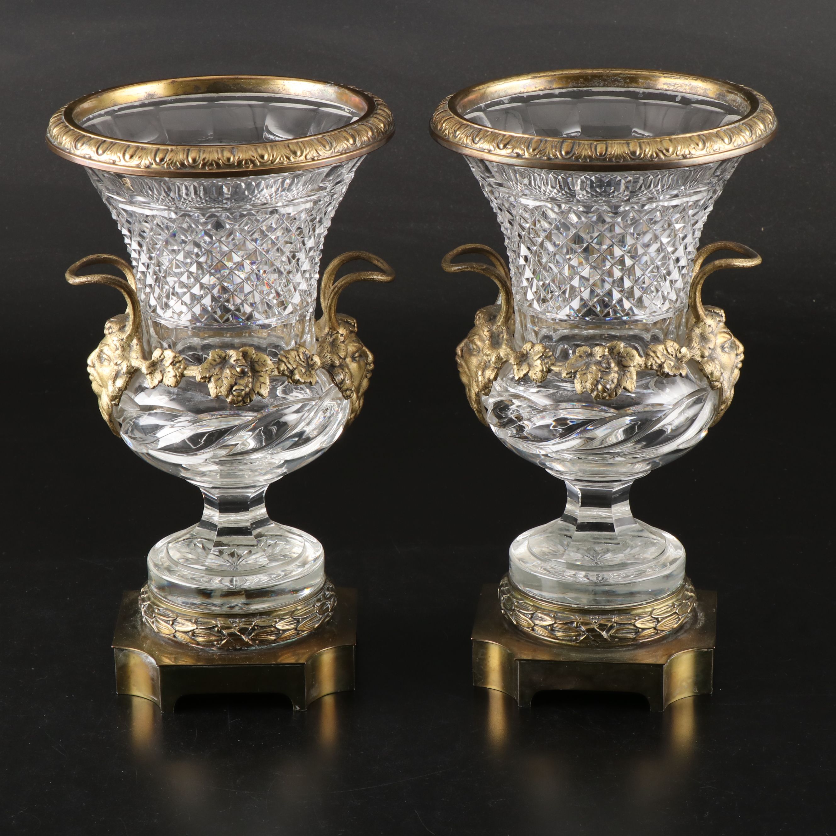 Pair of Pairpoint Ormolu Mounted Cut Glass Urn-Shaped Vases, Early 20th Century