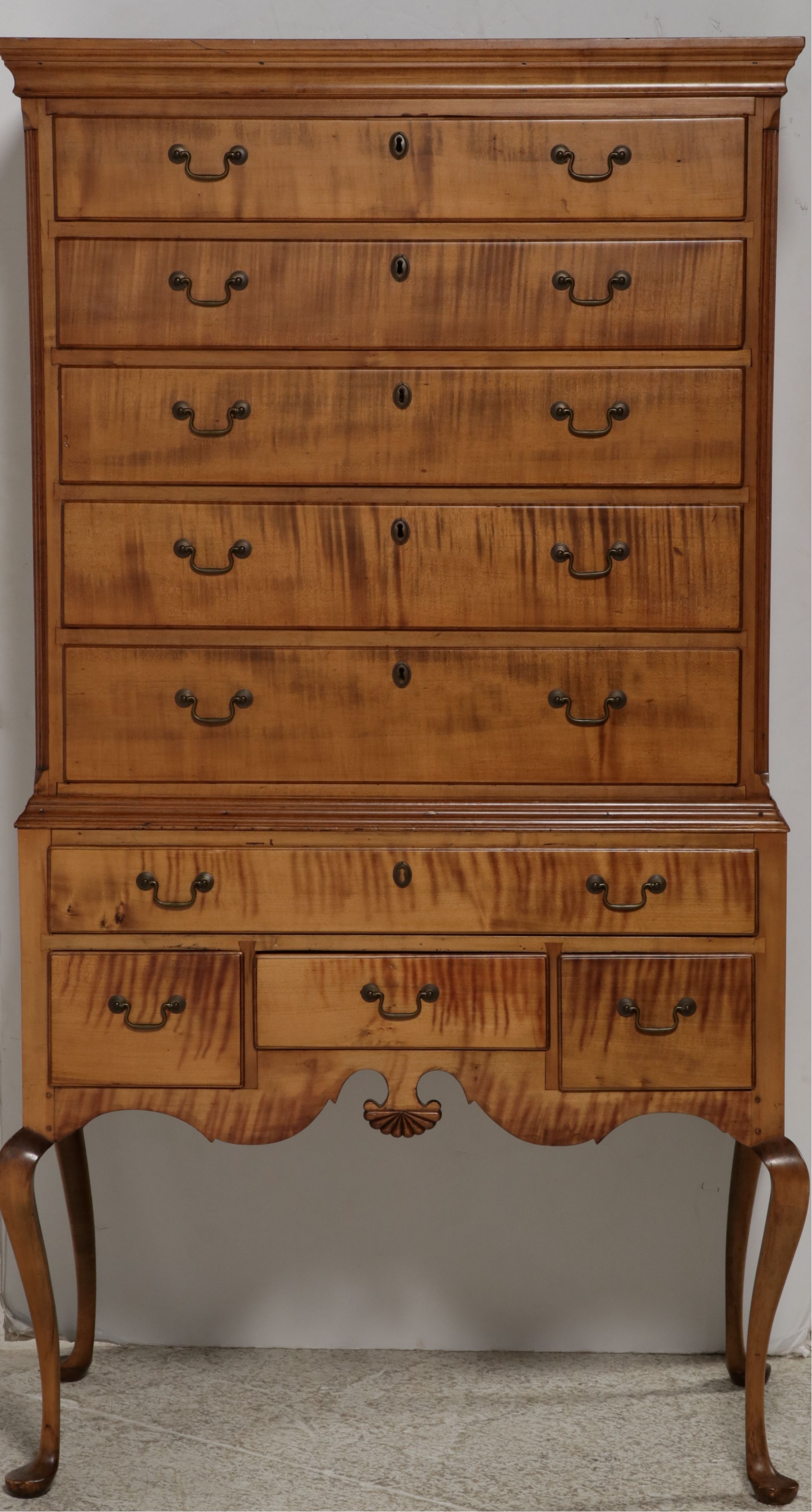 Queen Anne Style Tiger Maple Highboy, 20th Century