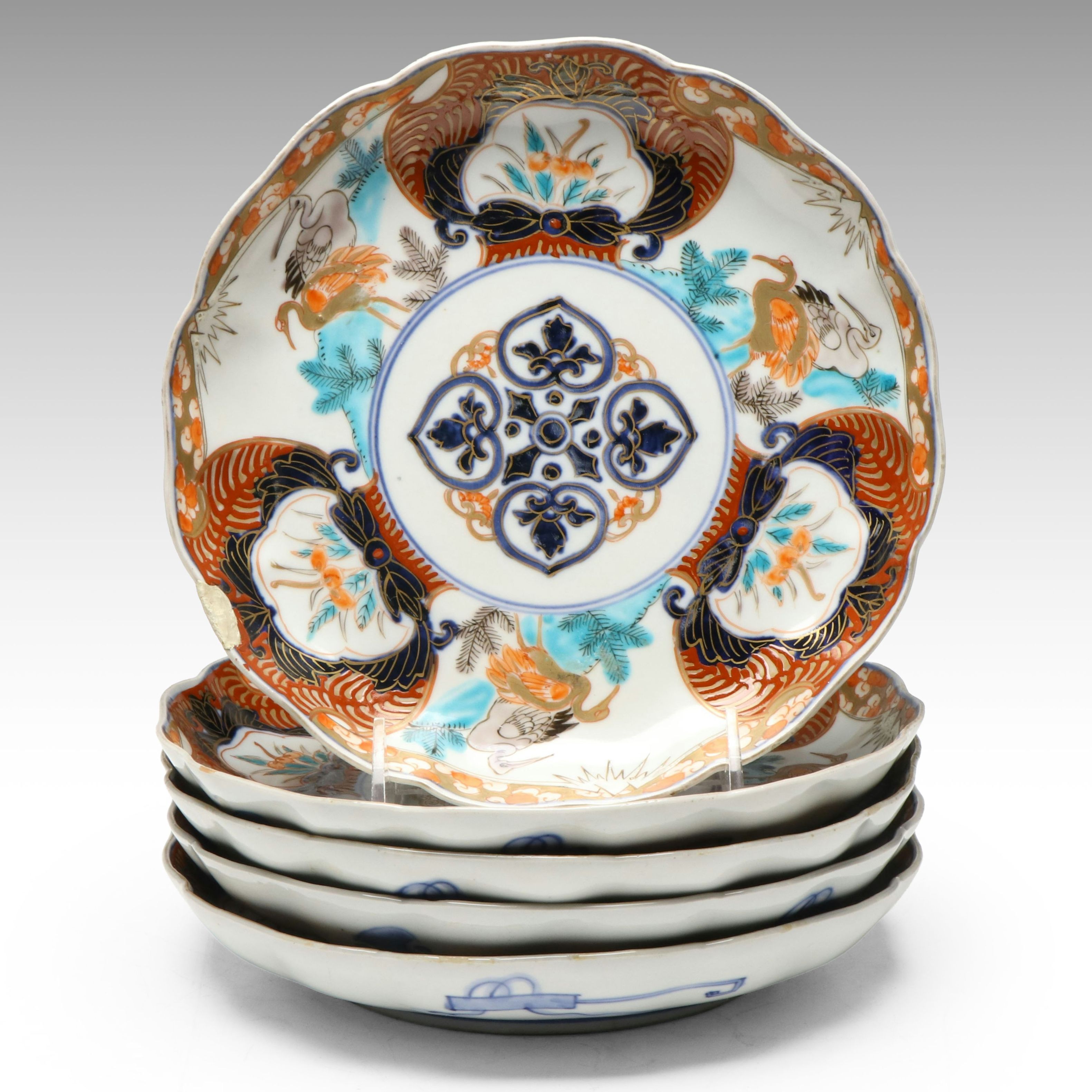 Japanese Vintage Crane Motif Imari Porcelain Plates