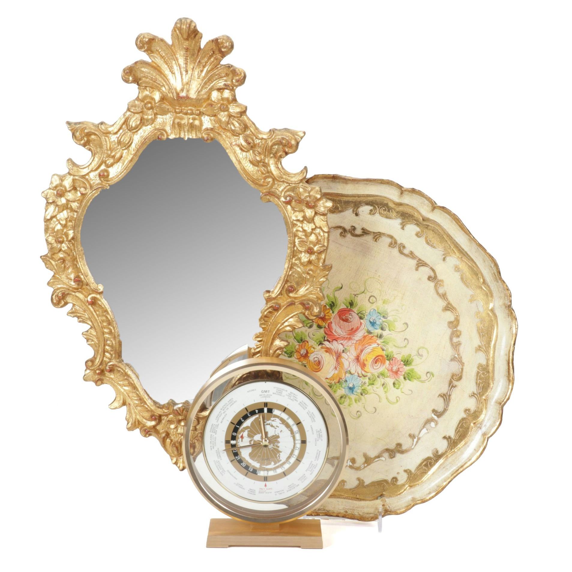 Golden Gilt Housewares Including a Linden World Clock, Mirror, & Serving Tray