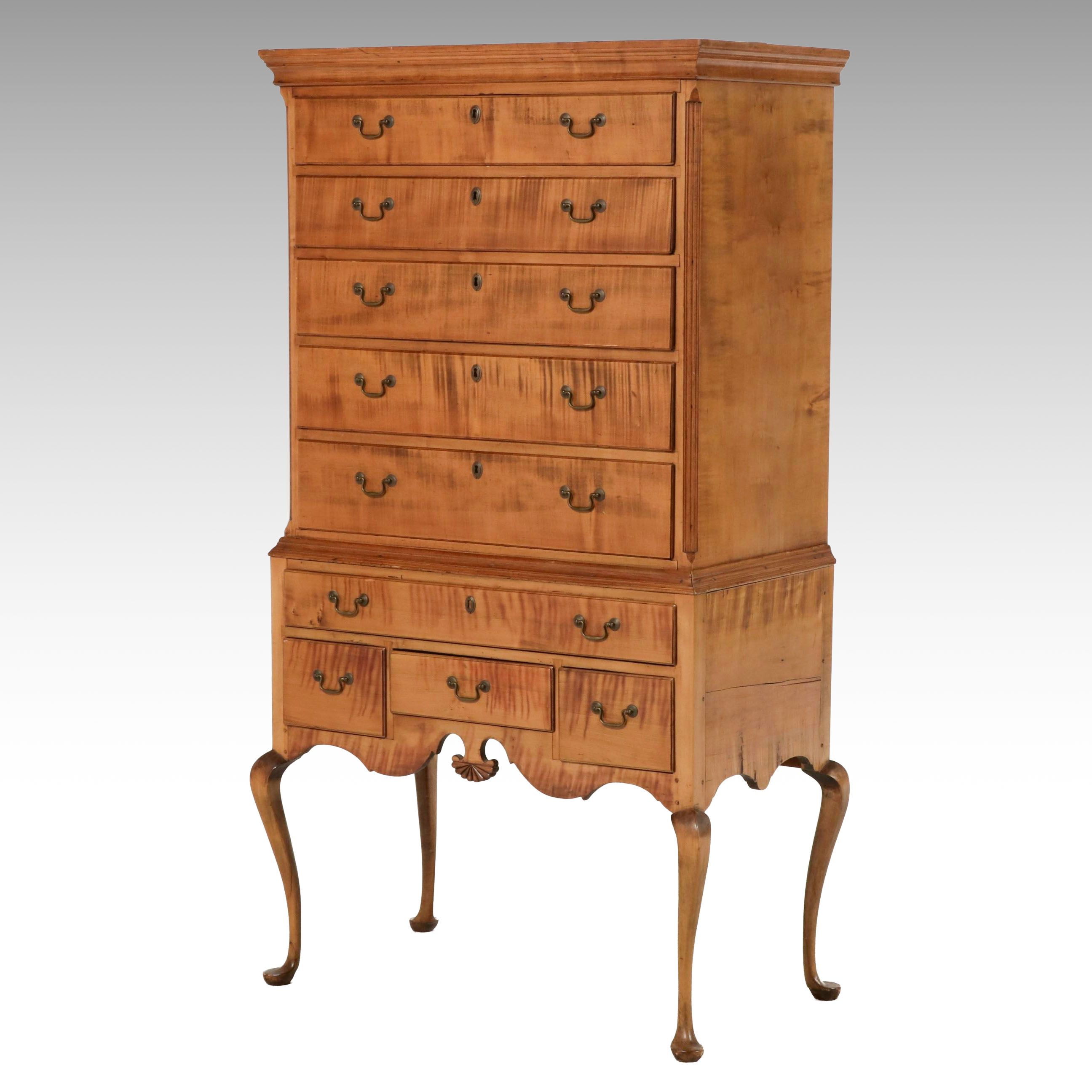 Queen Anne Style Tiger Maple Highboy, 20th Century