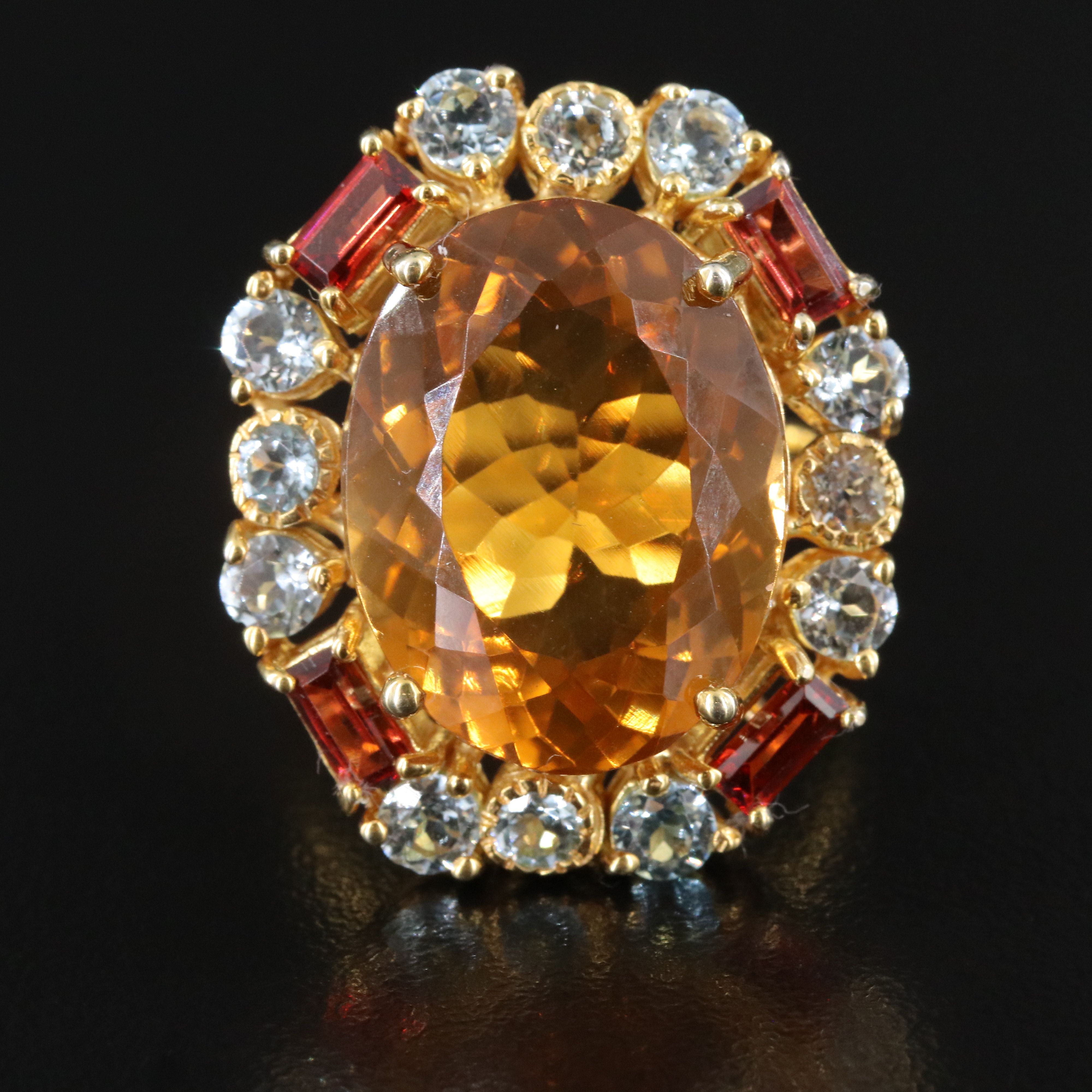 Sterling Citrine, White Topaz and Garnet Halo Ring